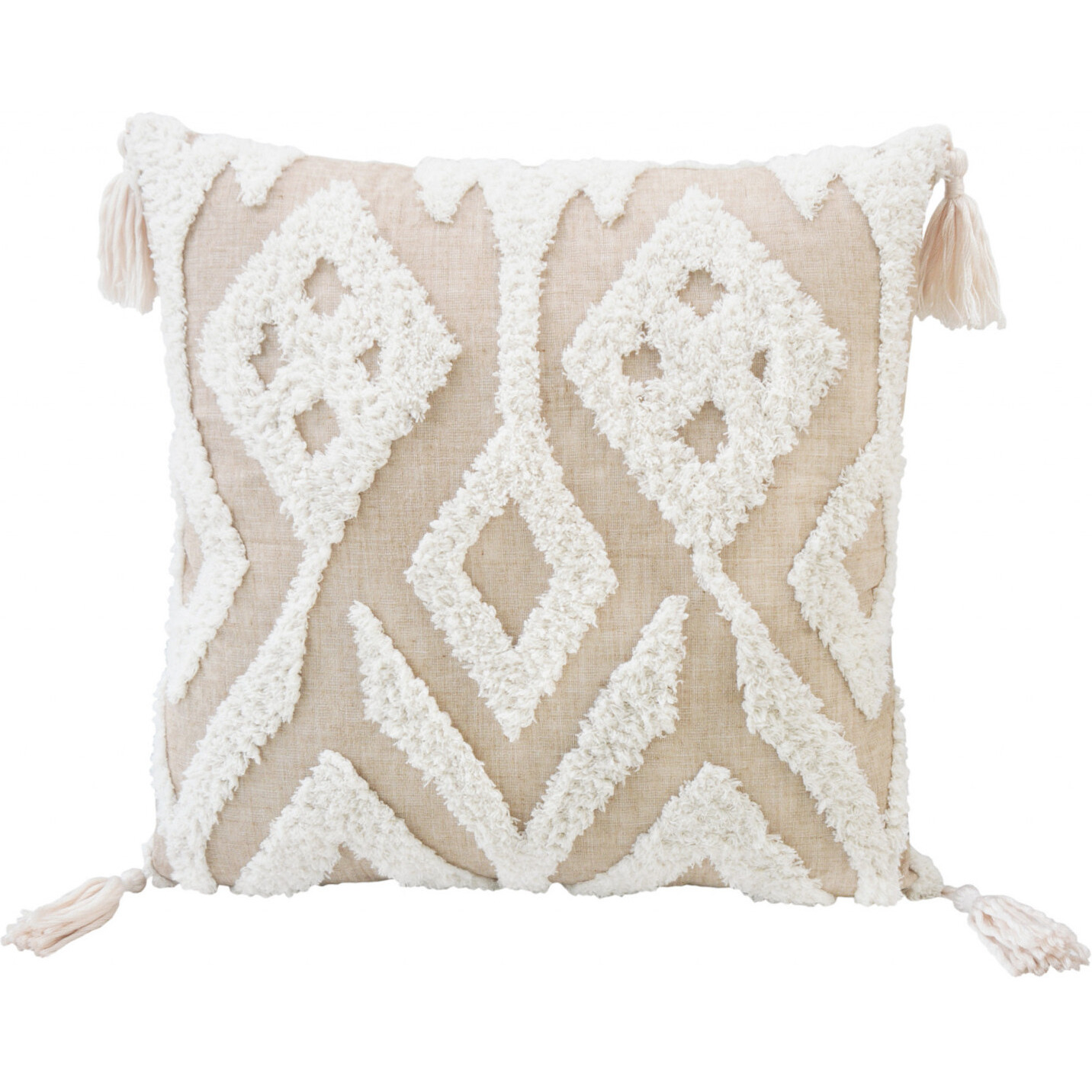 17"" X 17"" Beige And White Ikat Zippered Polyester Throw Pillow With Tassels