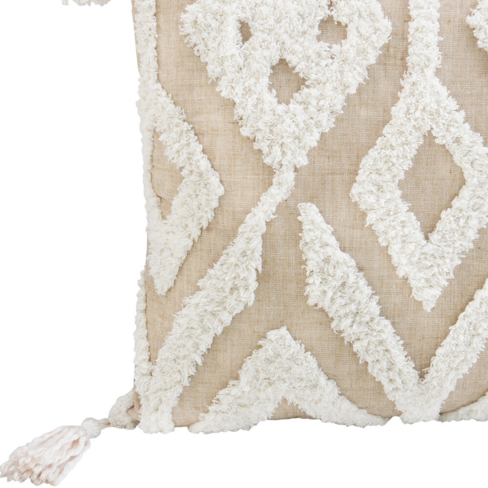 17"" X 17"" Beige And White Ikat Zippered Polyester Throw Pillow With Tassels