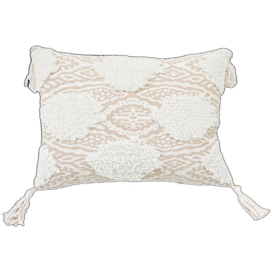 13"" X 18"" Beige And White Ogee Zippered Polyester And Cotton Blend Throw Pillow With Tassels