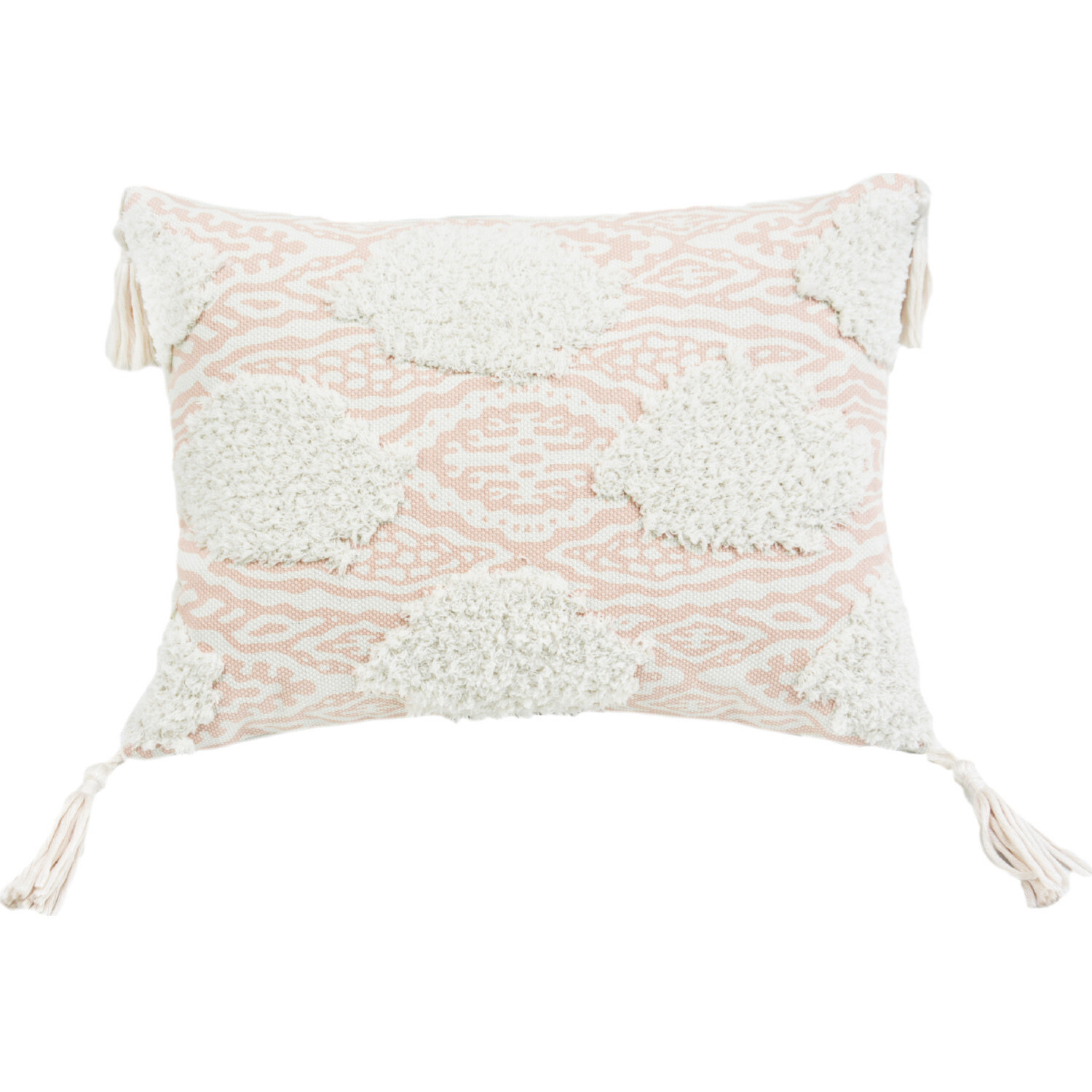 13"" X 18"" Peach And White Ogee Zippered Polyester And Cotton Blend Throw Pillow With Tassels