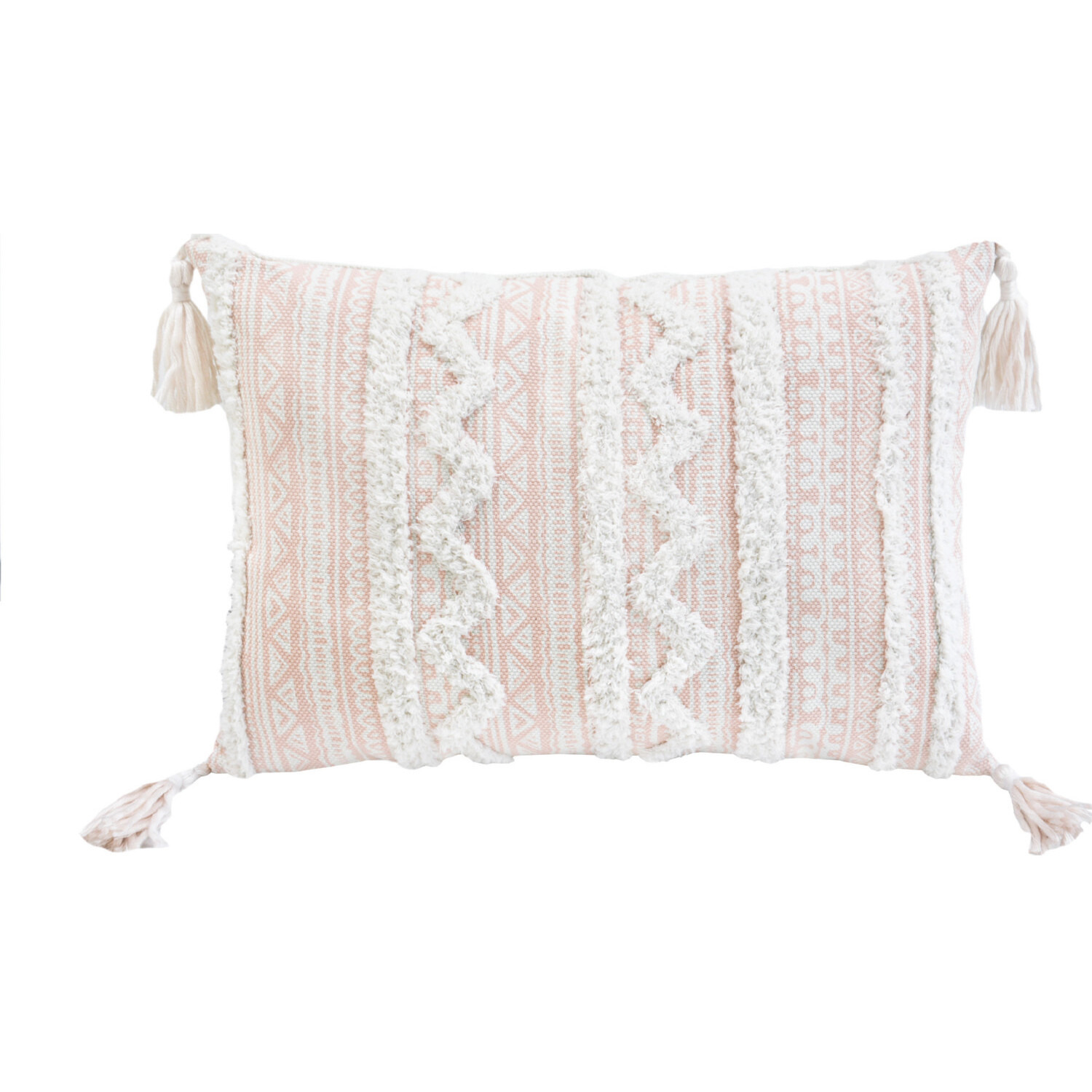 13"" X 18"" Beige And White Damask Zippered Polyester And Burlap Blend Throw Pillow With Tassels