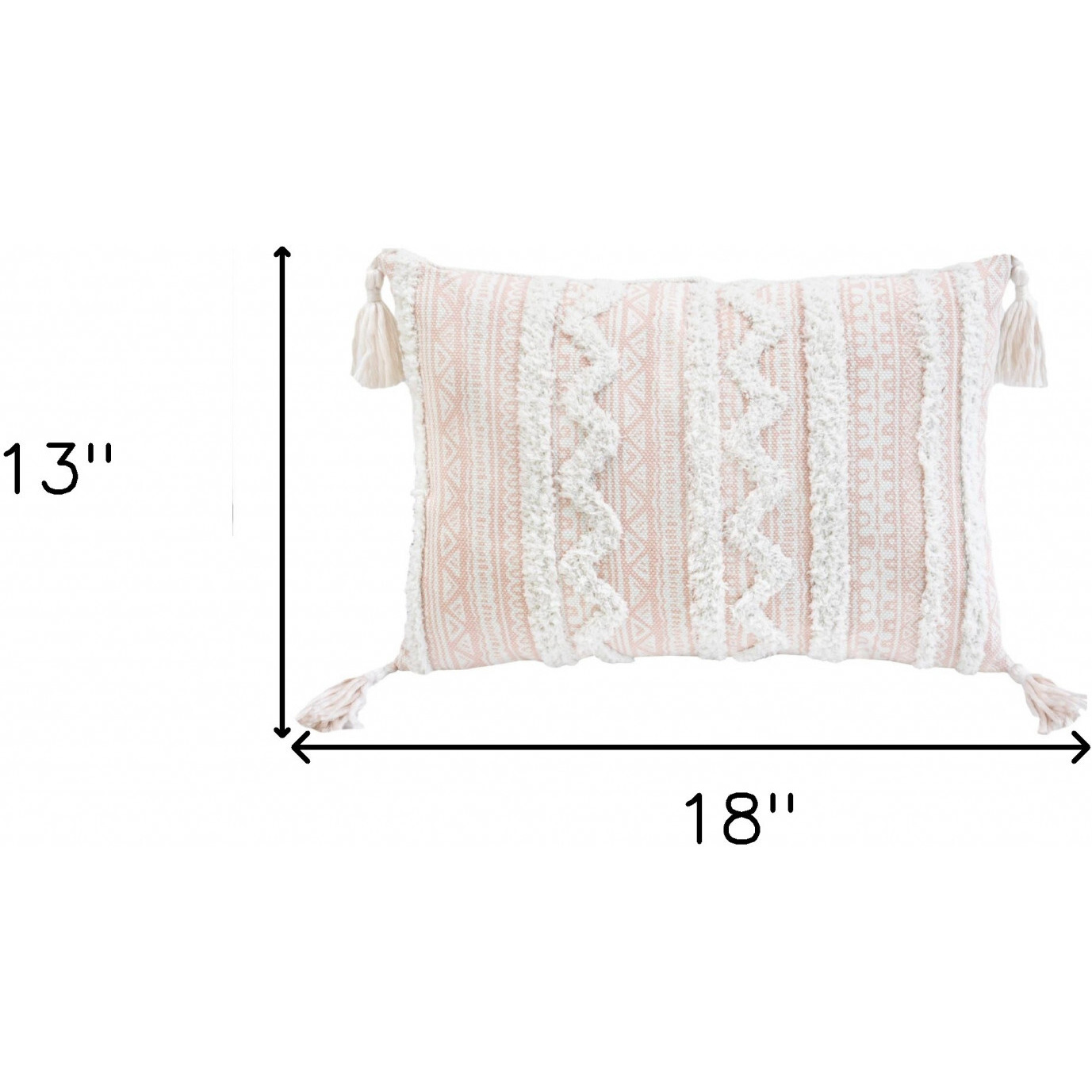 13"" X 18"" Beige And White Damask Zippered Polyester And Burlap Blend Throw Pillow With Tassels