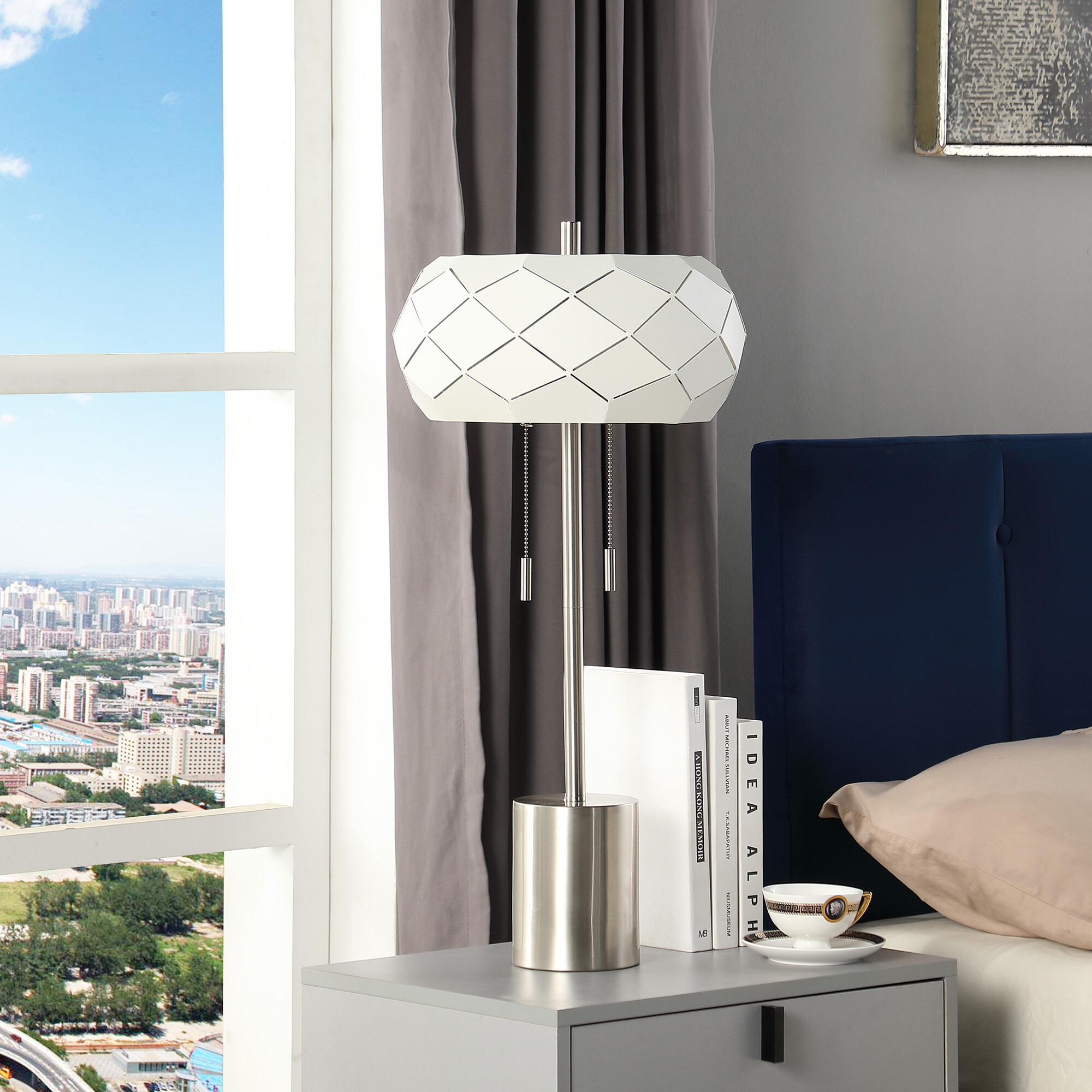 28"" Silver Metal Table Lamp With Geometric Laser Cut Metal Shade
