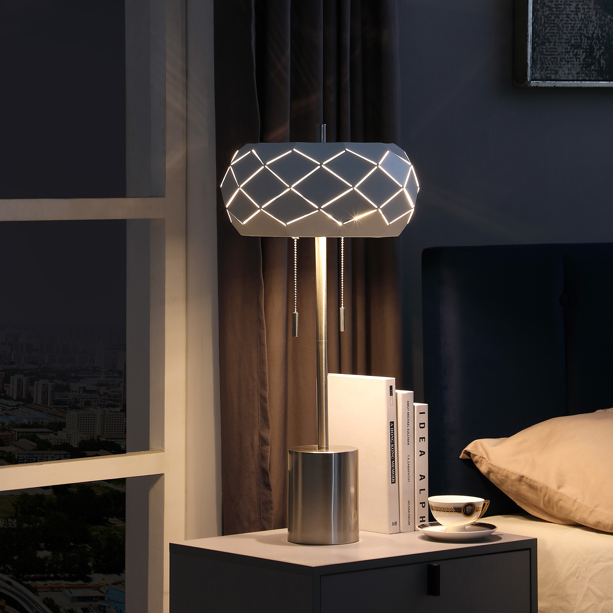 28"" Silver Metal Table Lamp With Geometric Laser Cut Metal Shade