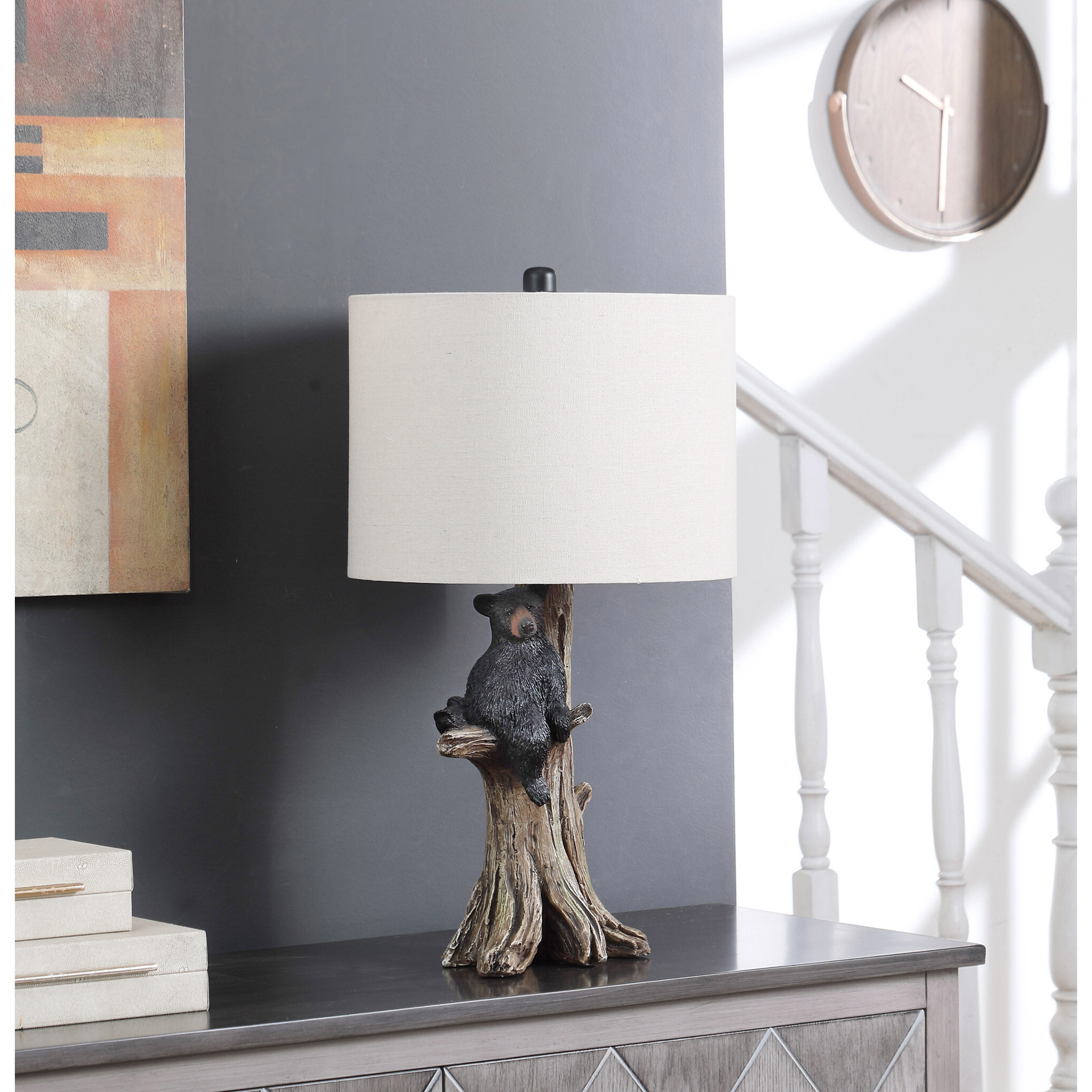 25"" Black Blear In A Tree  Table Lamp With Beige Shade