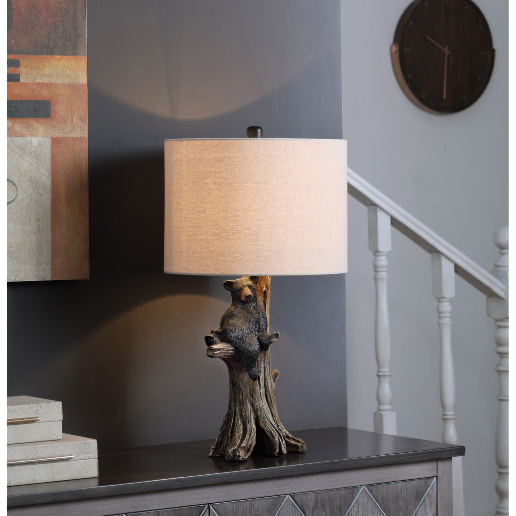 25"" Black Blear In A Tree  Table Lamp With Beige Shade