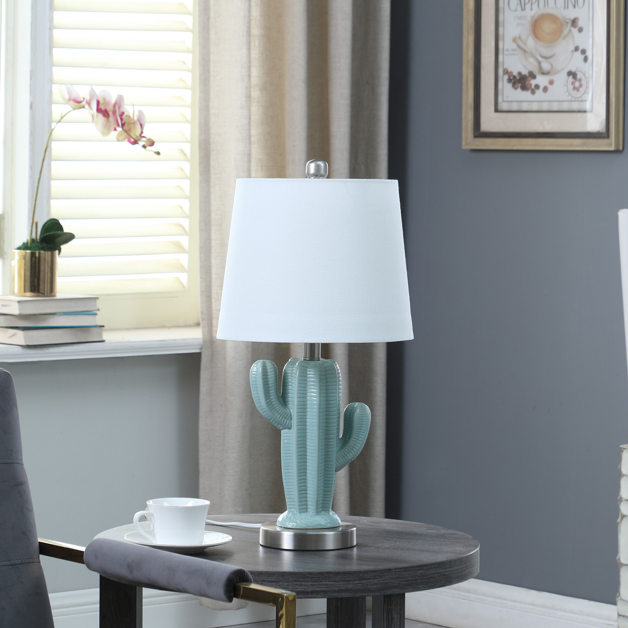 22"" Pale Blue Green Ceramic Cactus Table Lamp With White Shade