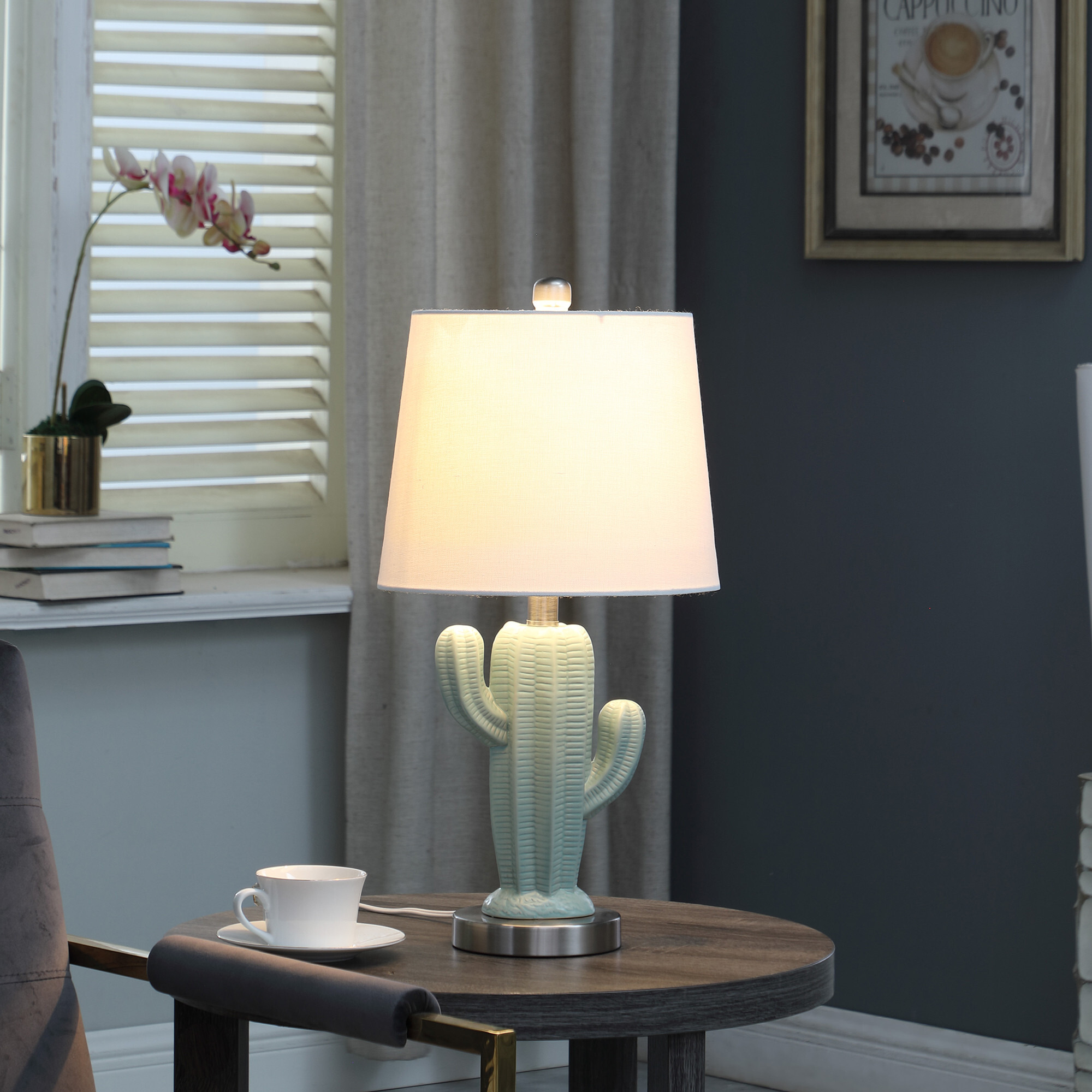 22"" Pale Blue Green Ceramic Cactus Table Lamp With White Shade