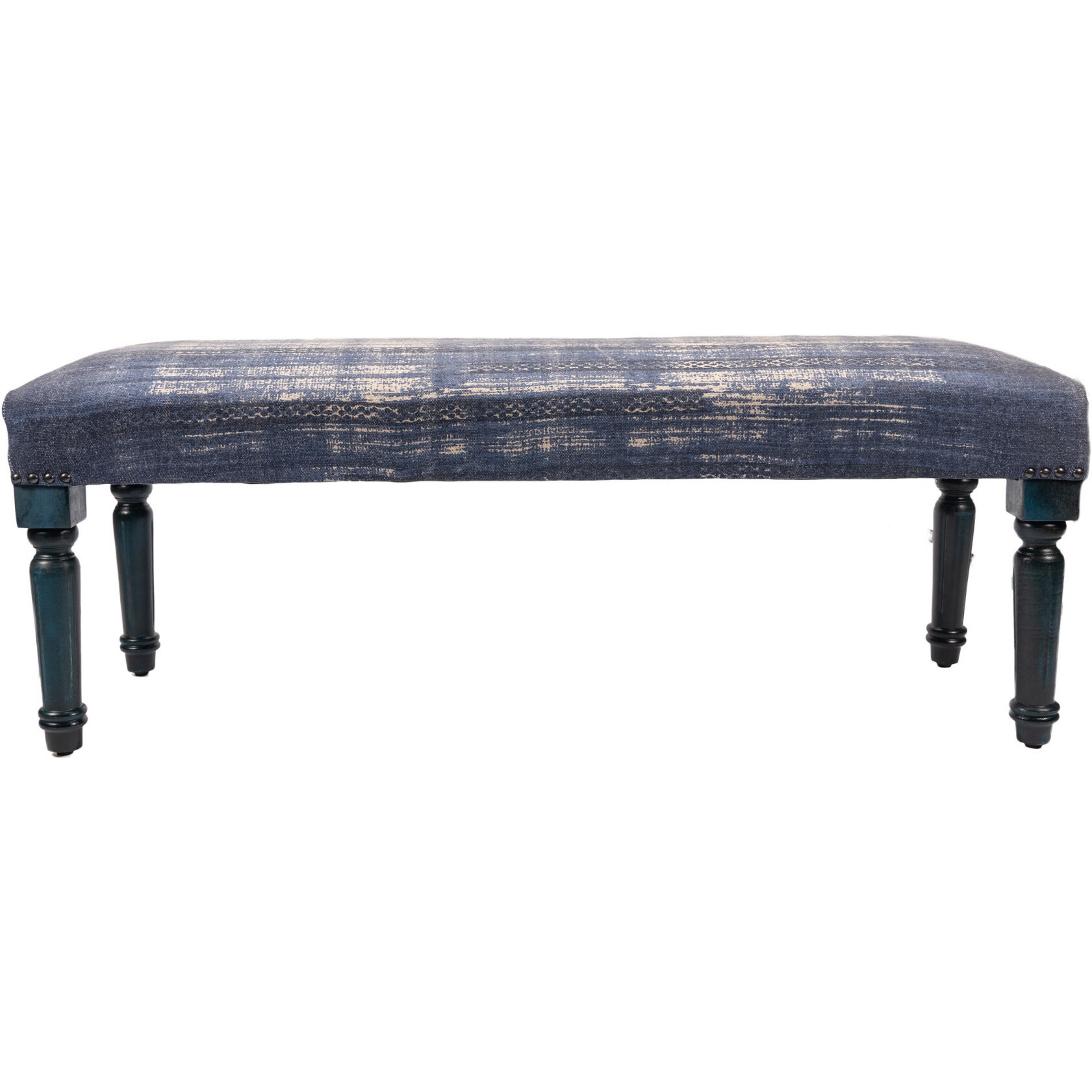 47"" Blue And Cream Abstract Design Blue Leg Upholstered Bench
