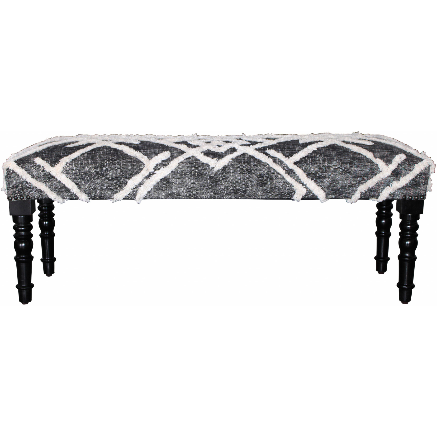 47"" Gray And White Geometric Cotton Upholstered Distressed Bench