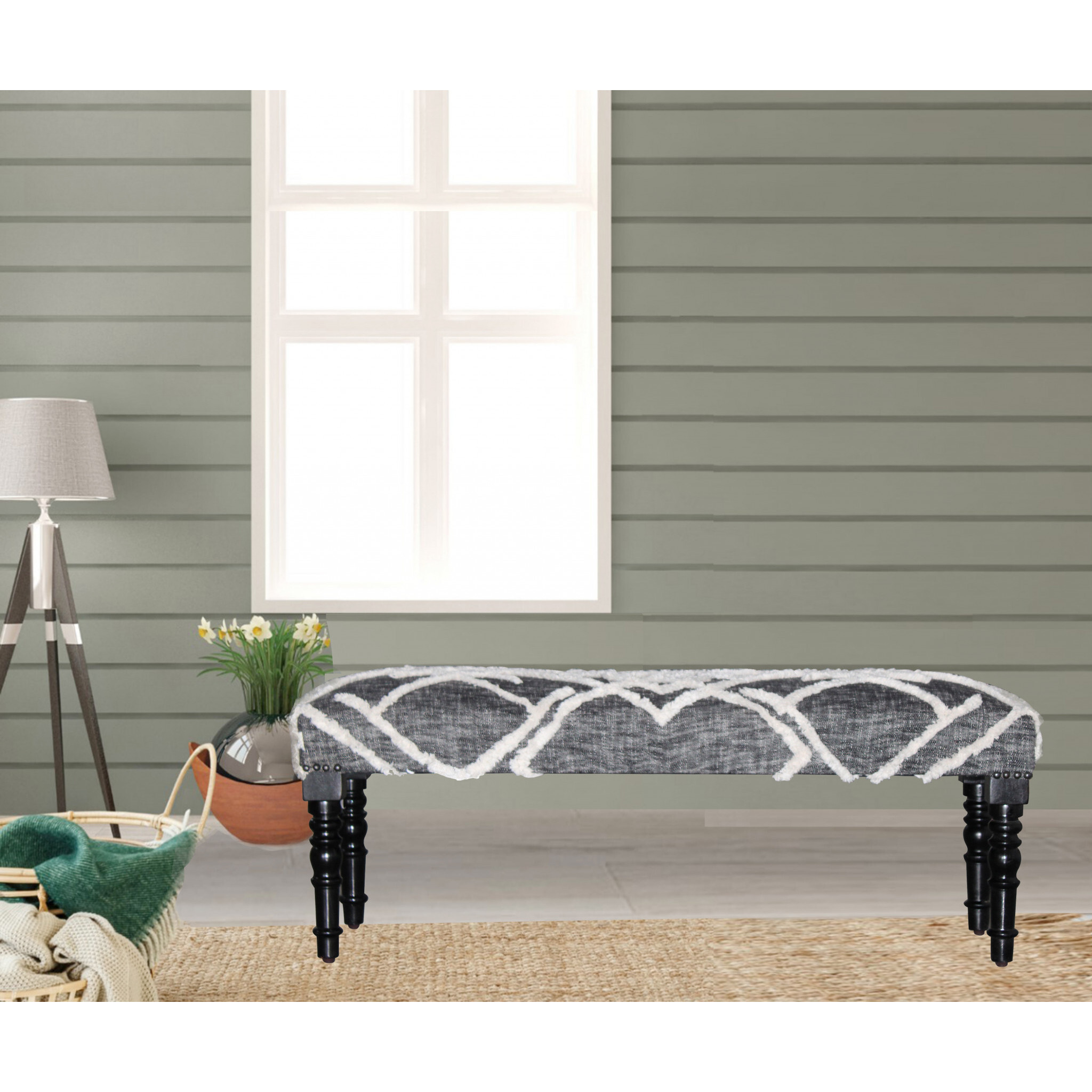 47"" Gray And White Geometric Cotton Upholstered Distressed Bench