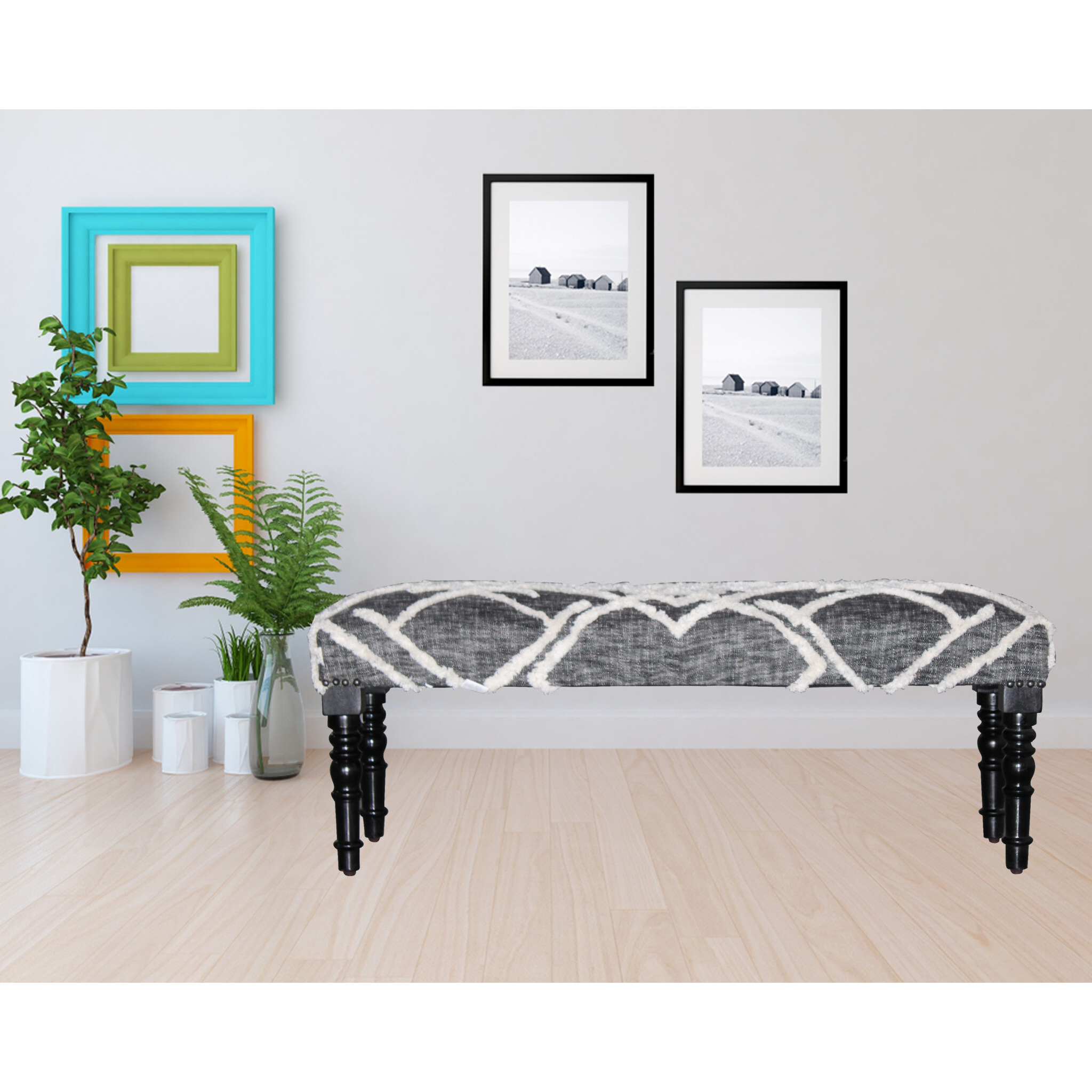 47"" Gray And White Geometric Cotton Upholstered Distressed Bench