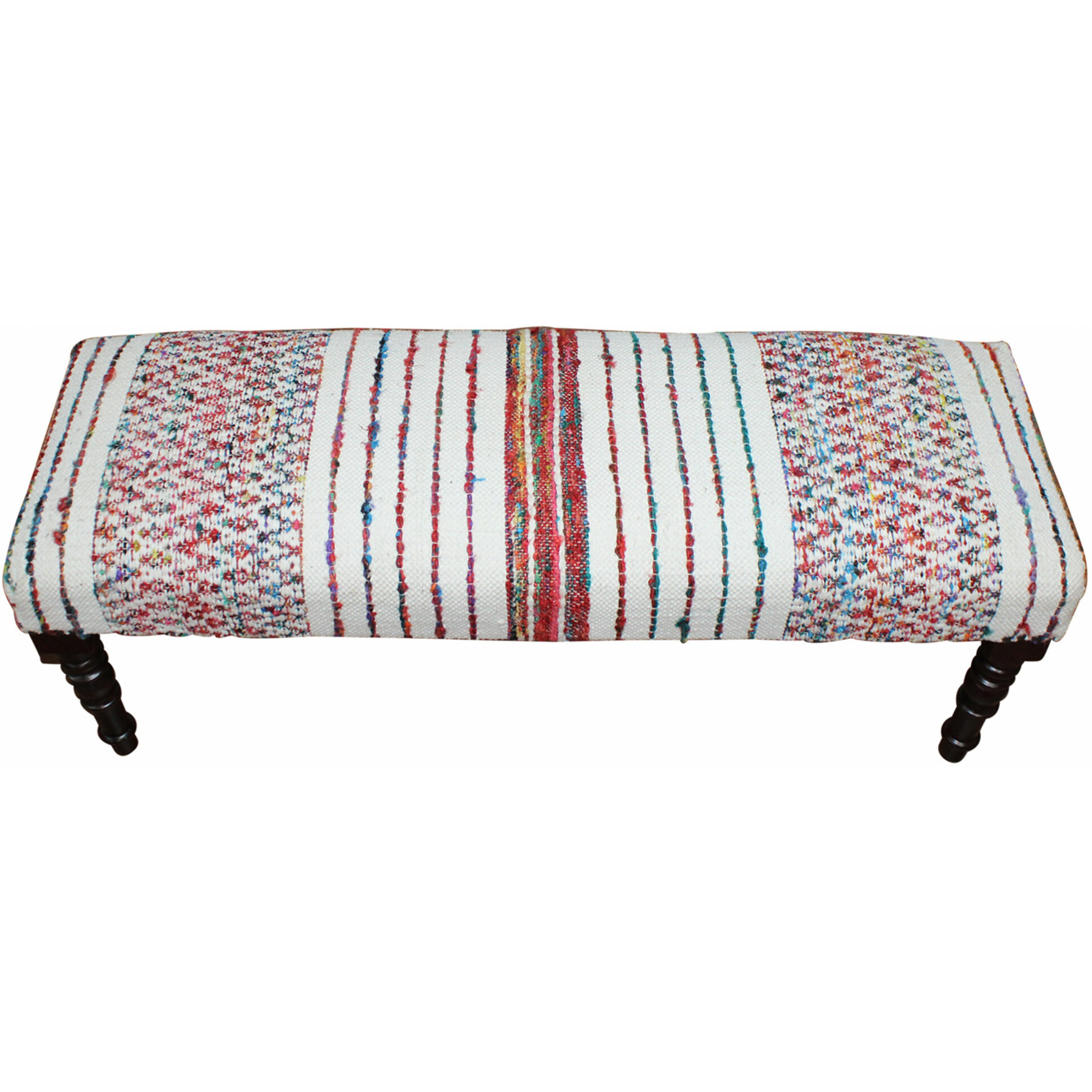 47"" Ivory Red And Pink Black Leg Chevron Stripe Upholstered Bench