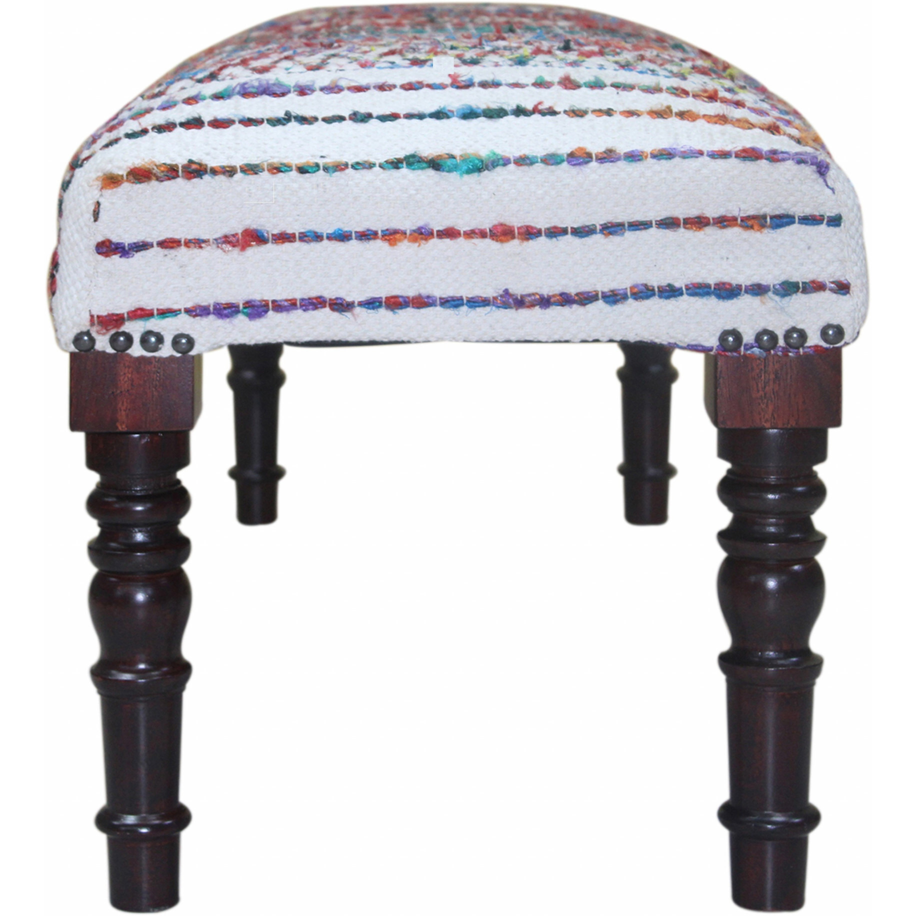47"" Ivory Red And Pink Black Leg Chevron Stripe Upholstered Bench