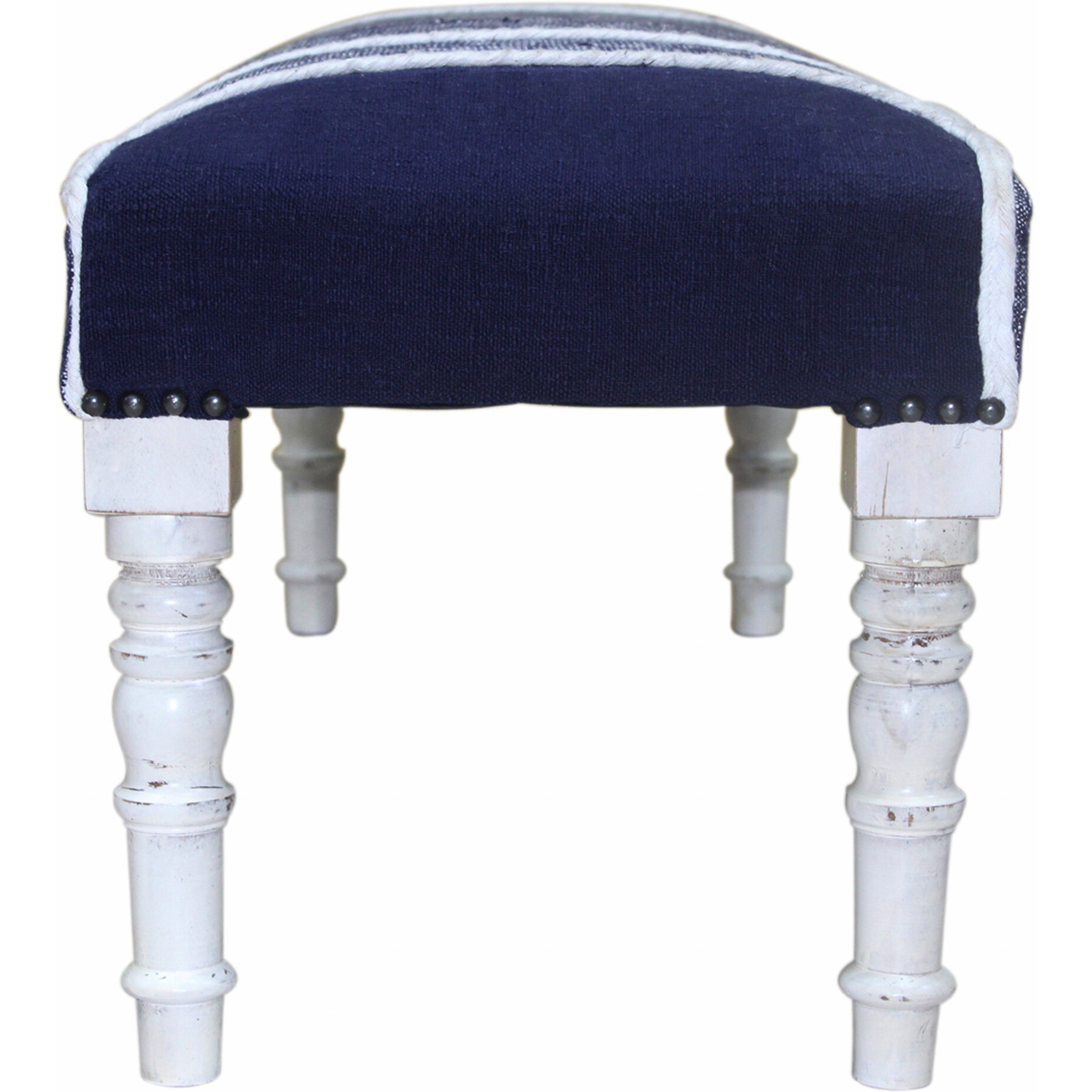 47"" Blue And Gray Textural White Leg Upholstered Bench