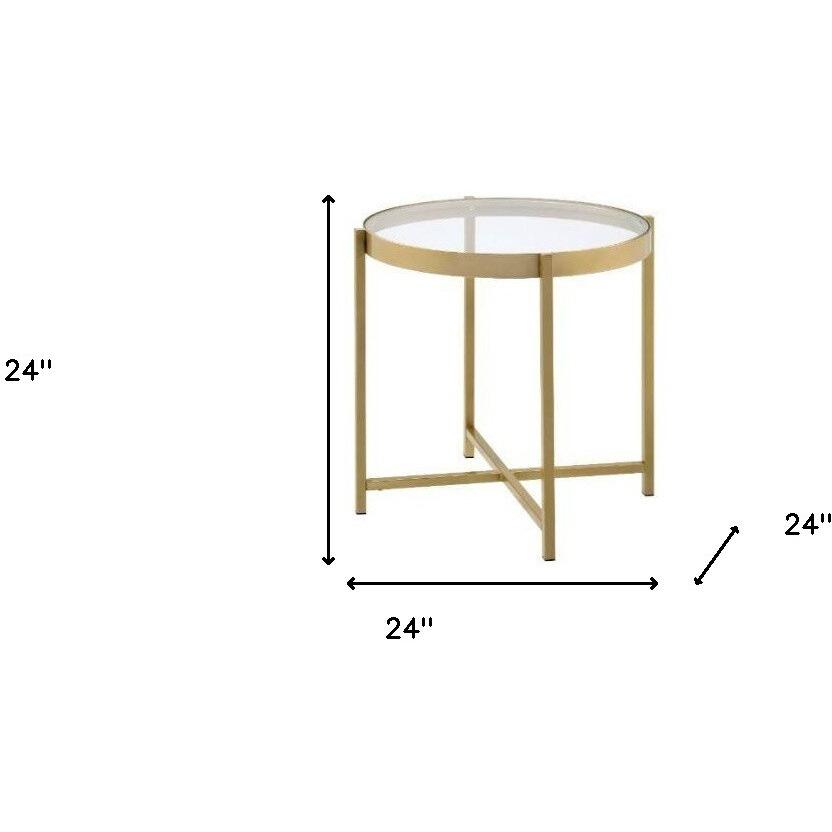 24"" Gold And Clear Glass And Metal Round End Table
