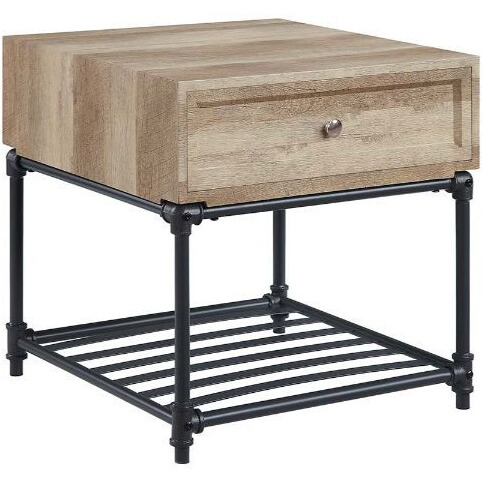 22"" Sandy Black And Oak Manufactured Wood And Metal Square End Table With Drawer And Shelf