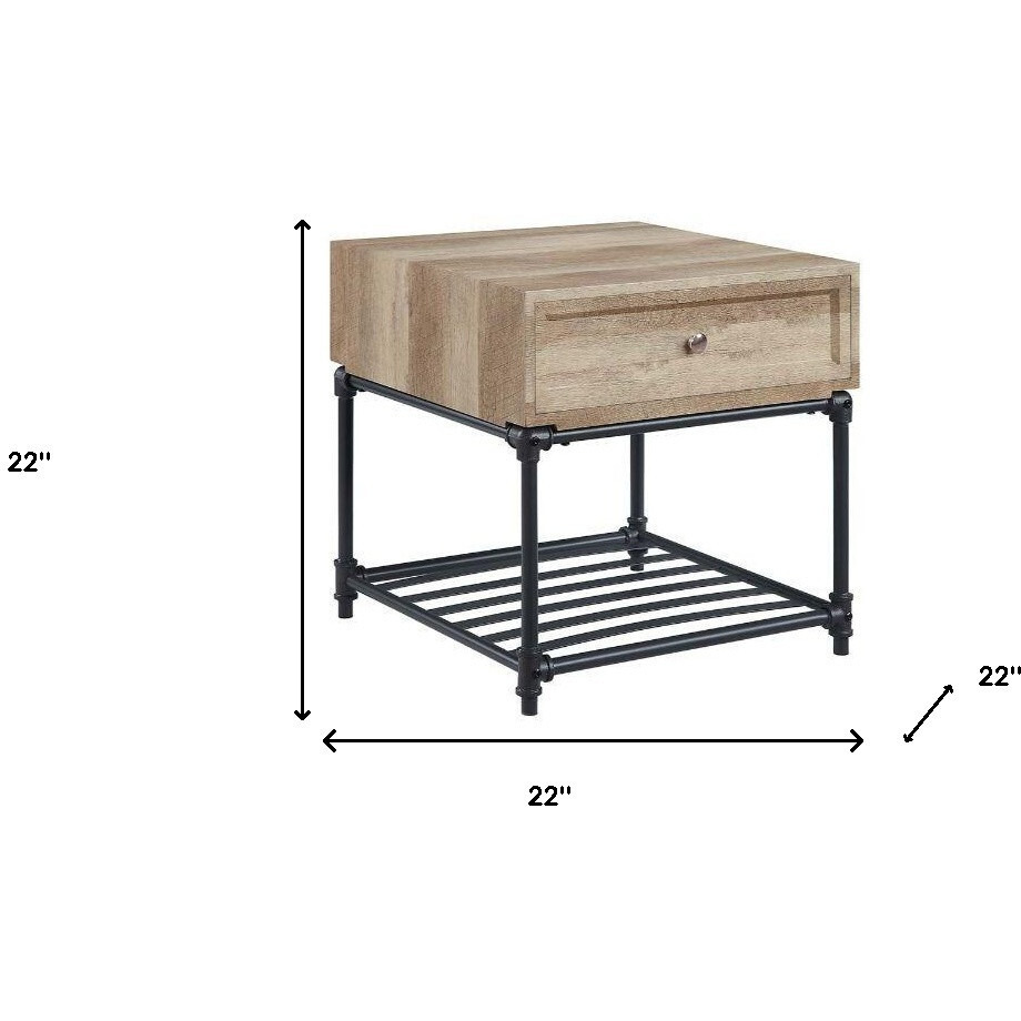 22"" Sandy Black And Oak Manufactured Wood And Metal Square End Table With Drawer And Shelf