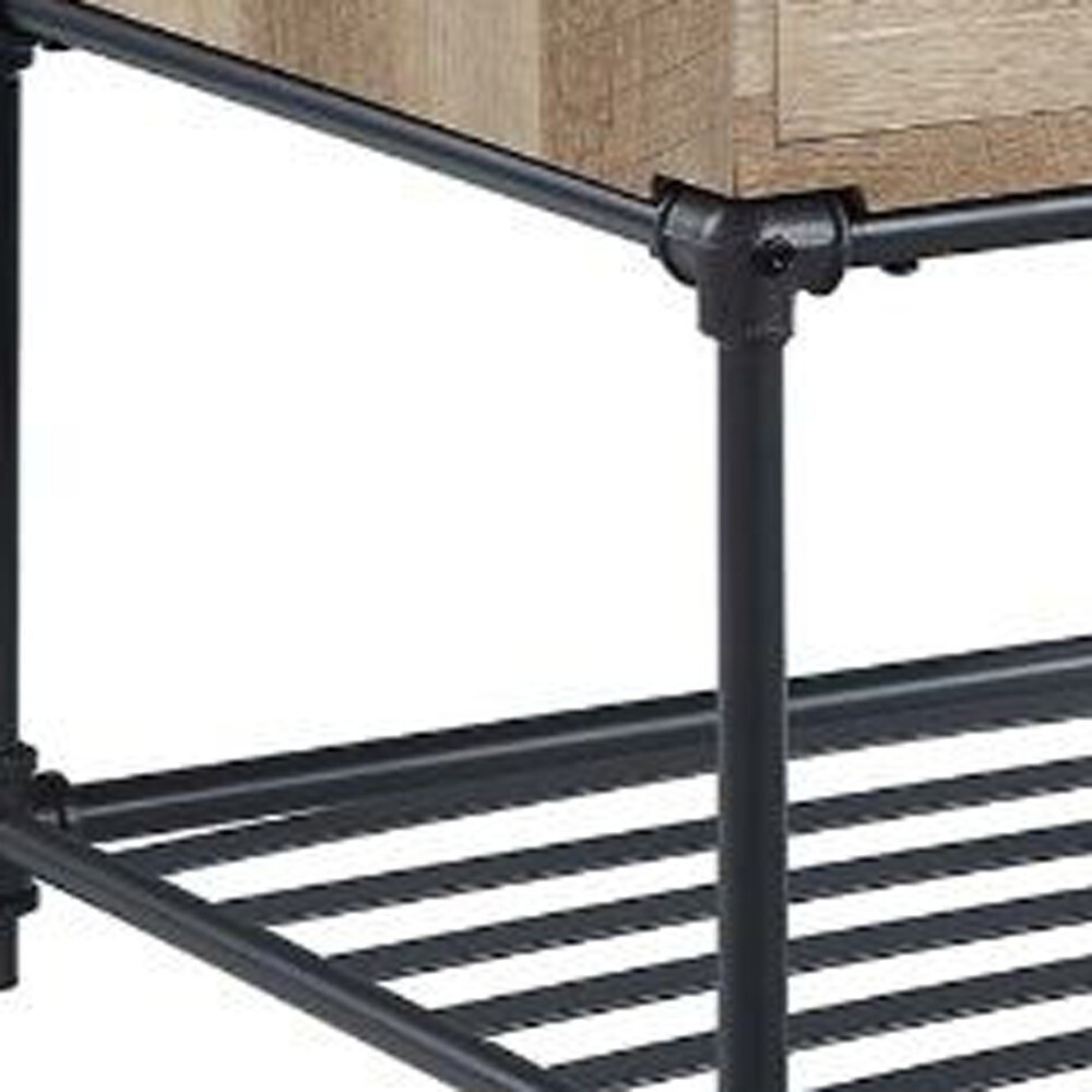 22"" Sandy Black And Oak Manufactured Wood And Metal Square End Table With Drawer And Shelf