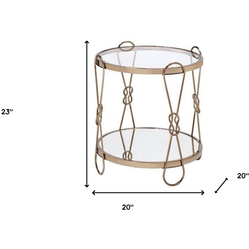 23"" Gold Mirrored And Metal Round End Table With Shelf