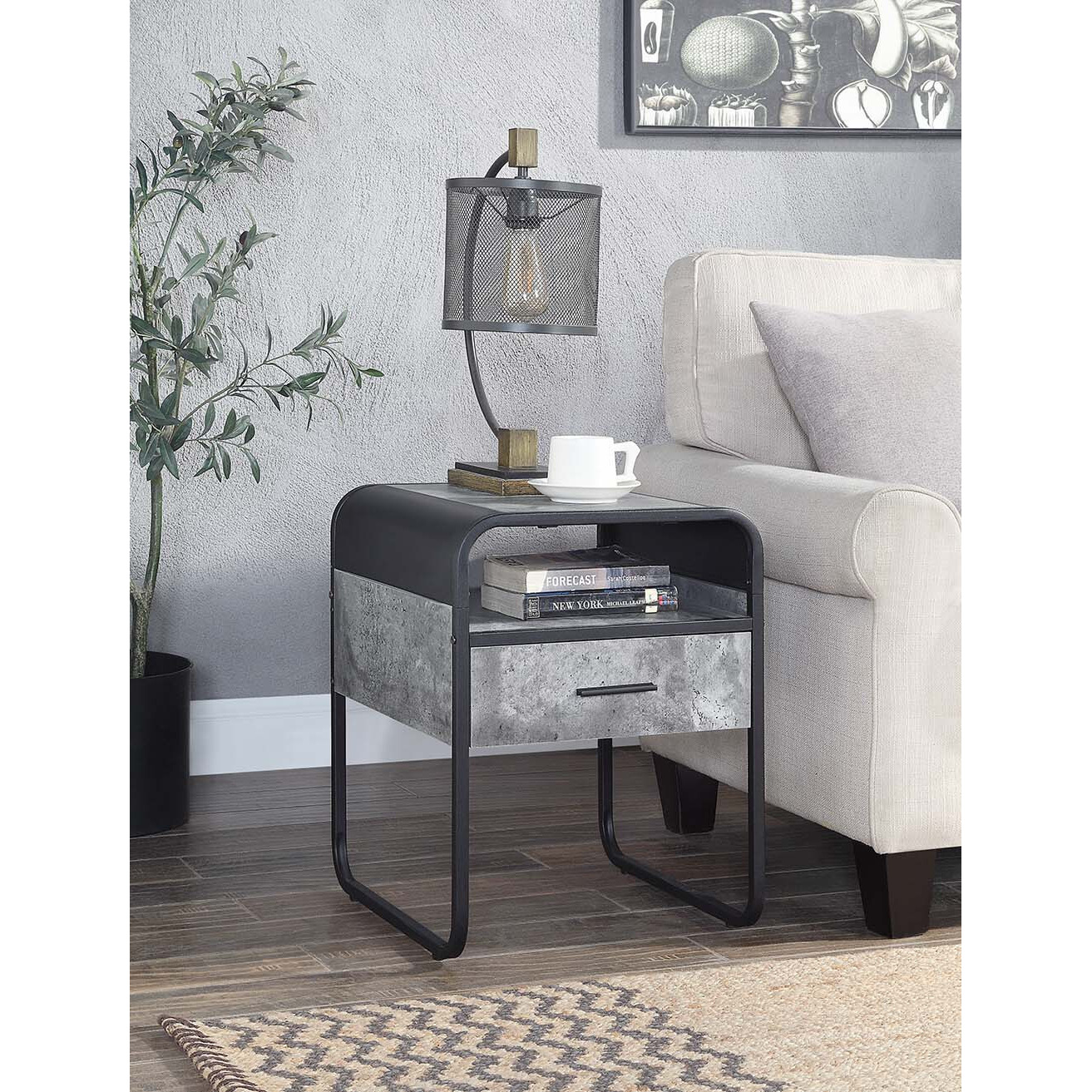 22"" Black And Concrete Gray Manufactured Wood And Metal Square End Table With Drawer And Shelf