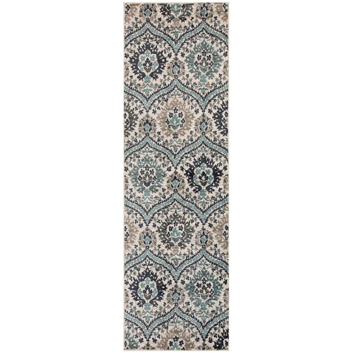 10' Runner Ivory Blue And Gray Floral Stain Resistant Runner Rug