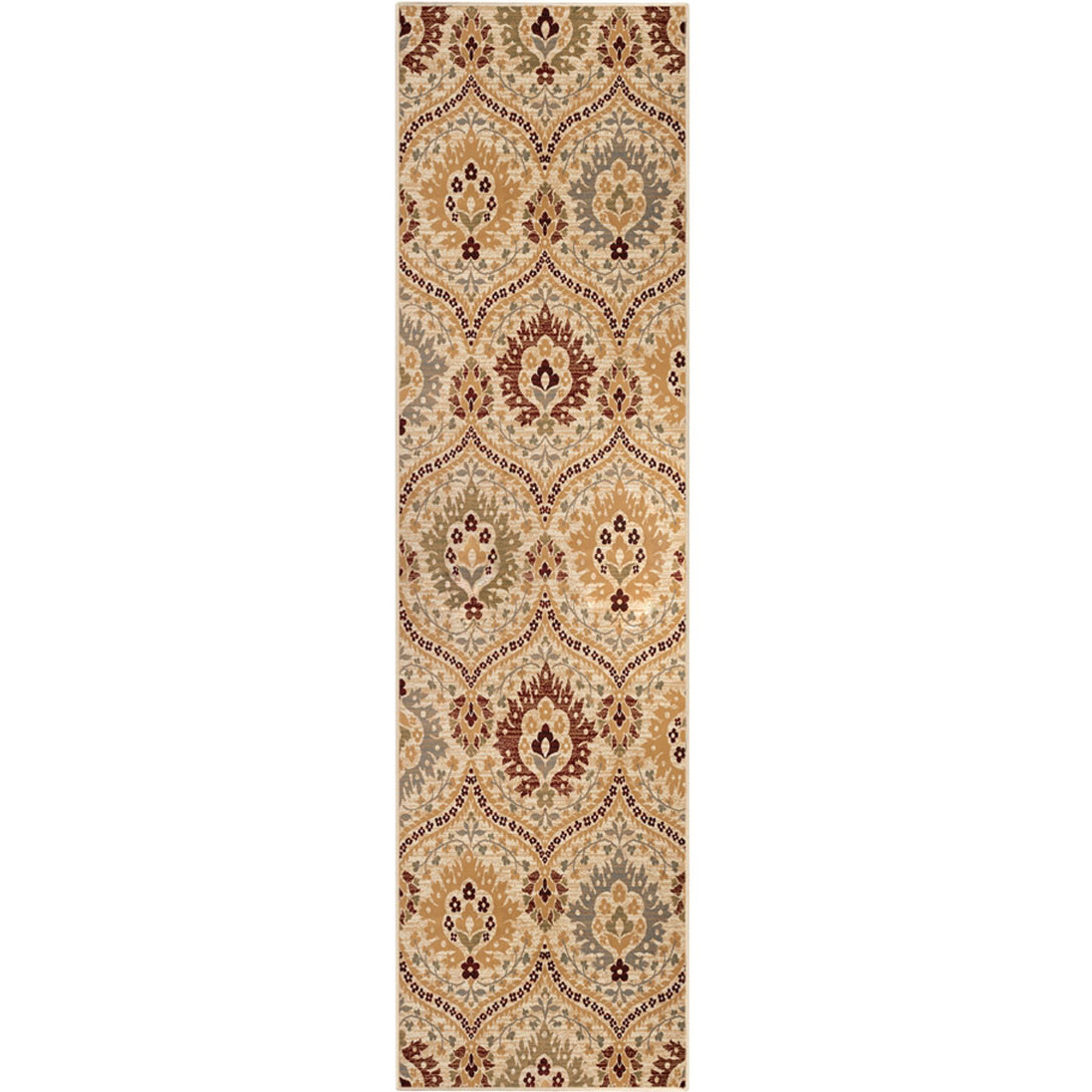 8' Camel Gray And Rust Floral Stain Resistant Runner Rug
