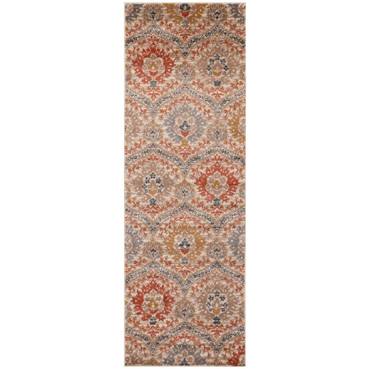 8' Ivory Orange And Gray Floral Stain Resistant Runner Rug