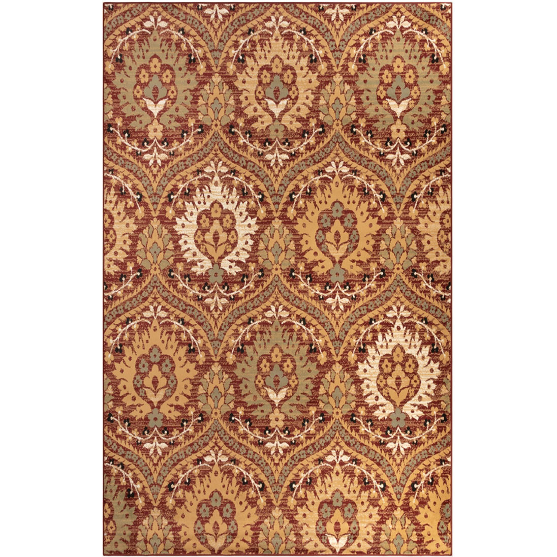 4' X 6' Red Gold And Olive Floral Stain Resistant Area Rug