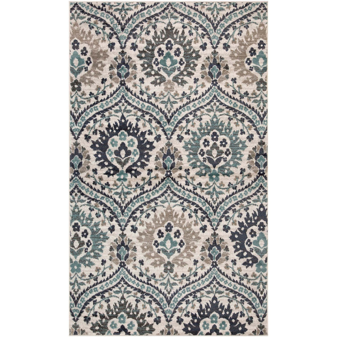 5' X 8' Ivory Blue And Gray Floral Stain Resistant Area Rug