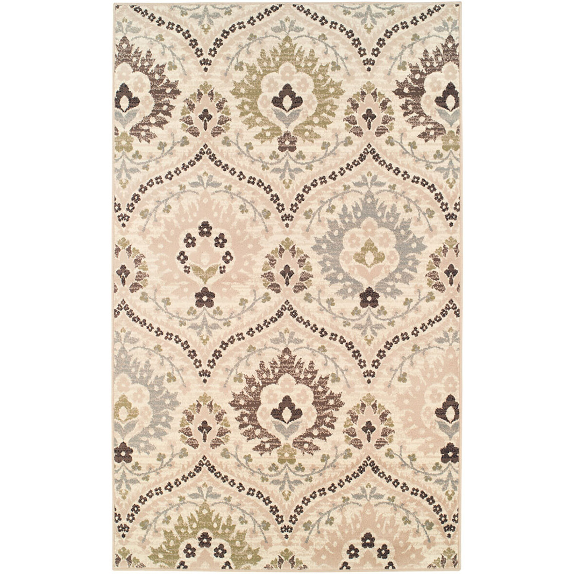6' X 9' Ivory Gray And Olive Floral Stain Resistant Area Rug