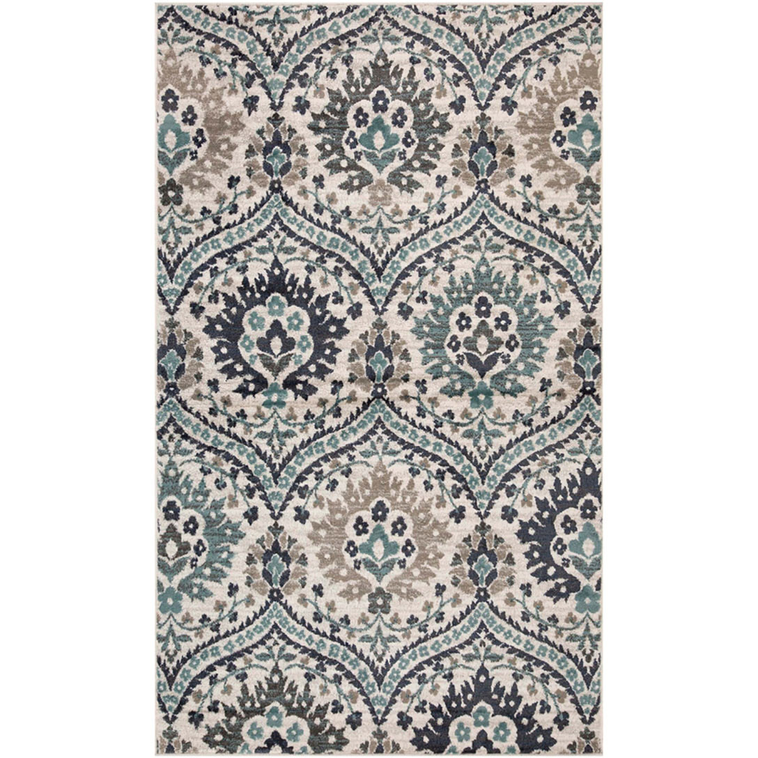 7' X 9' Ivory Blue And Gray Floral Stain Resistant Area Rug