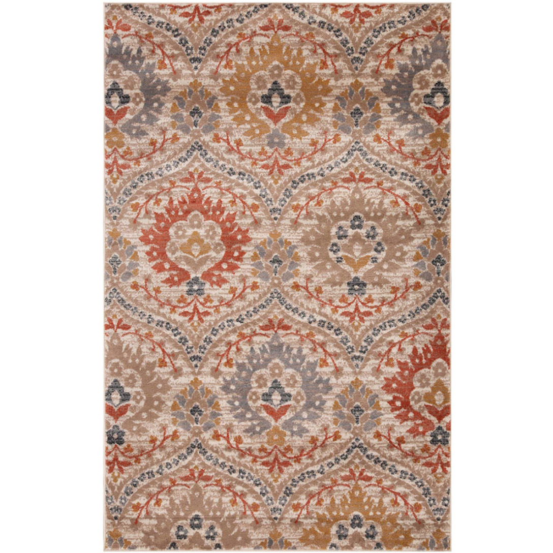 7' X 9' Ivory Orange And Gray Floral Stain Resistant Area Rug
