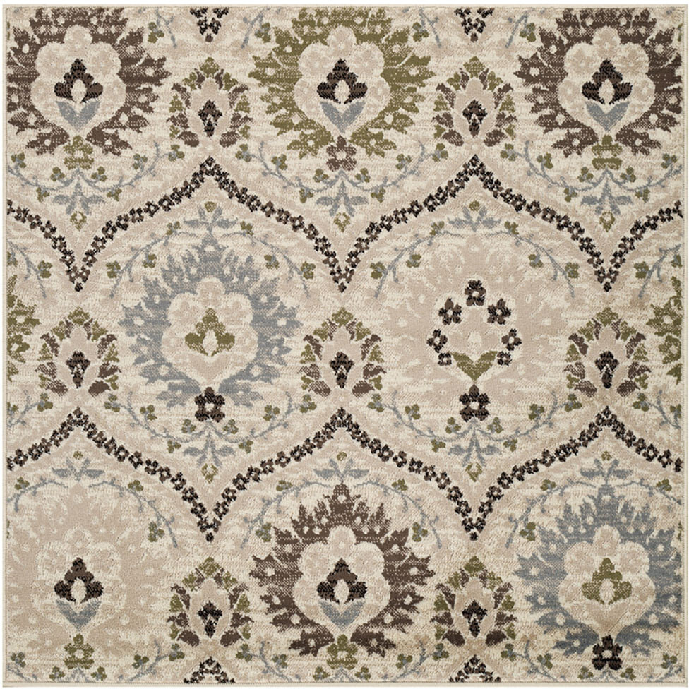 8' Square Ivory Gray And Olive Square Floral Stain Resistant Area Rug