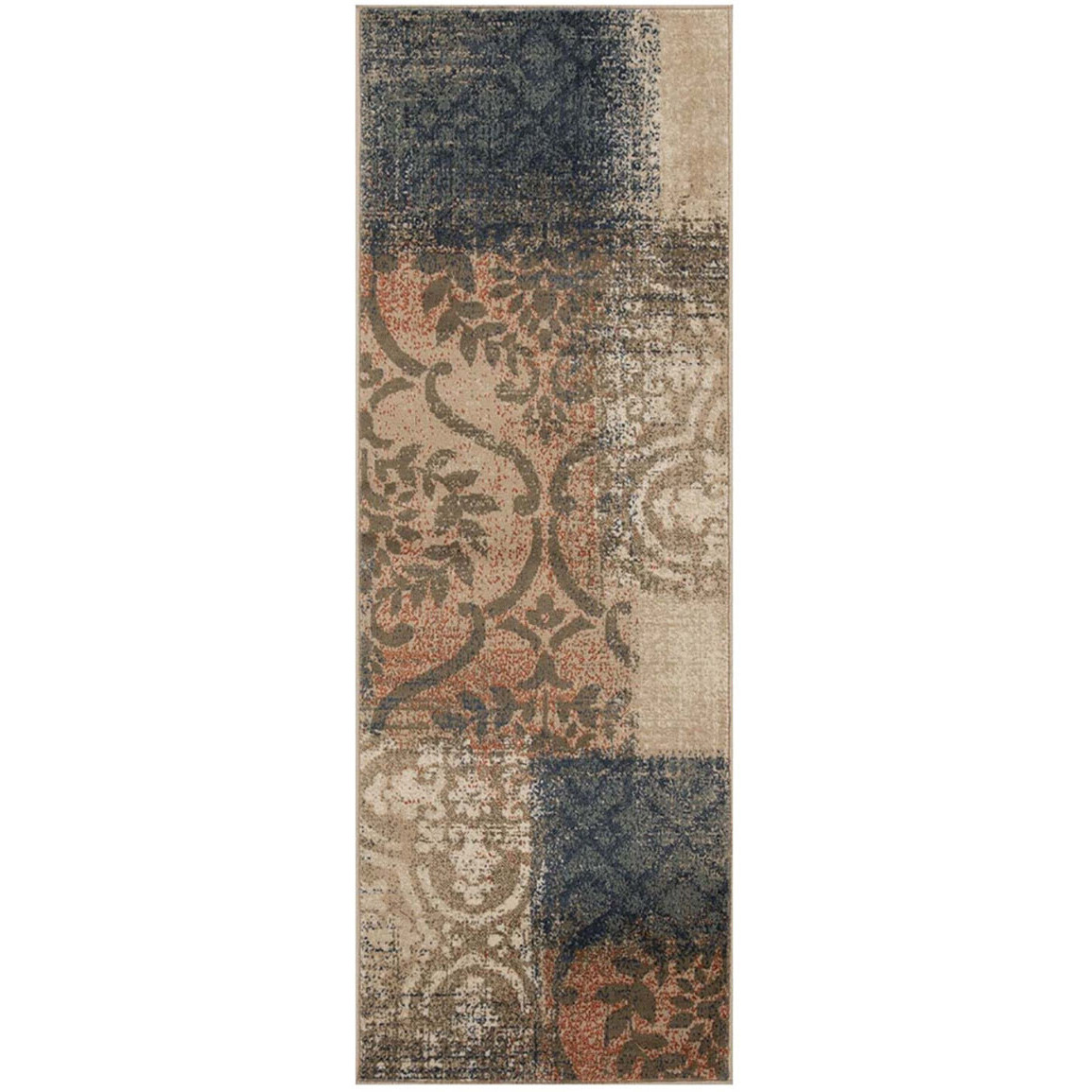 10' Navy And Salmon Damask Distressed Stain Resistant Runner Rug