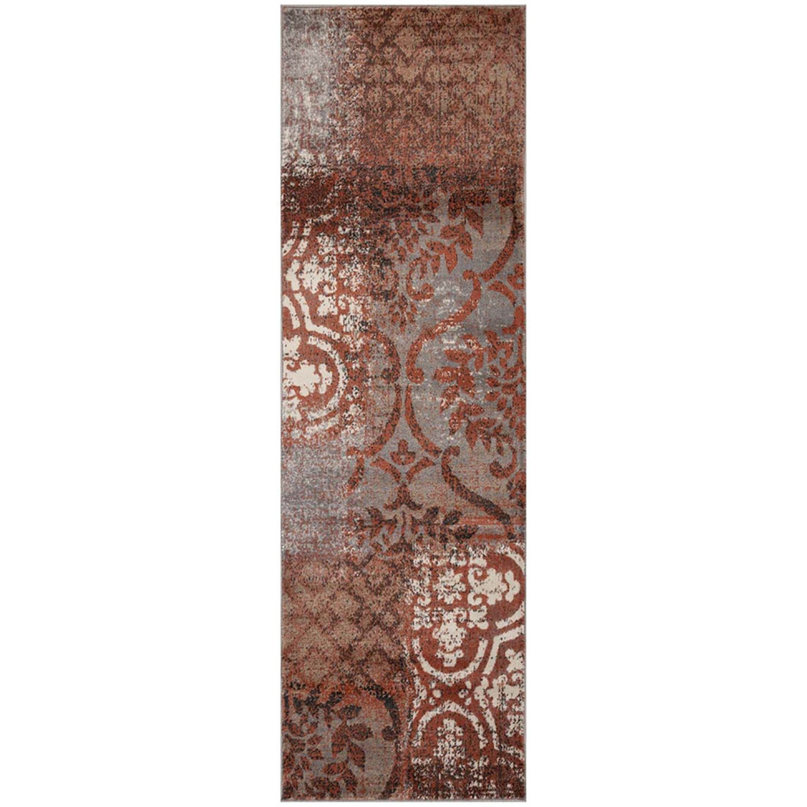 10' Rust And Gray Damask Distressed Stain Resistant Runner Rug