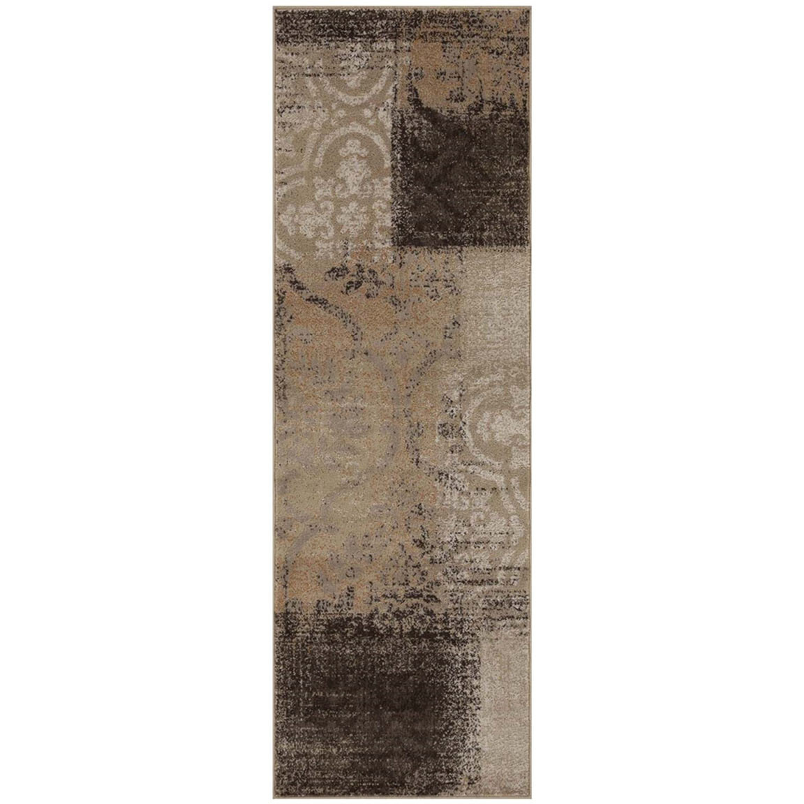 8' Beige Gray And Black Damask Distressed Stain Resistant Runner Rug
