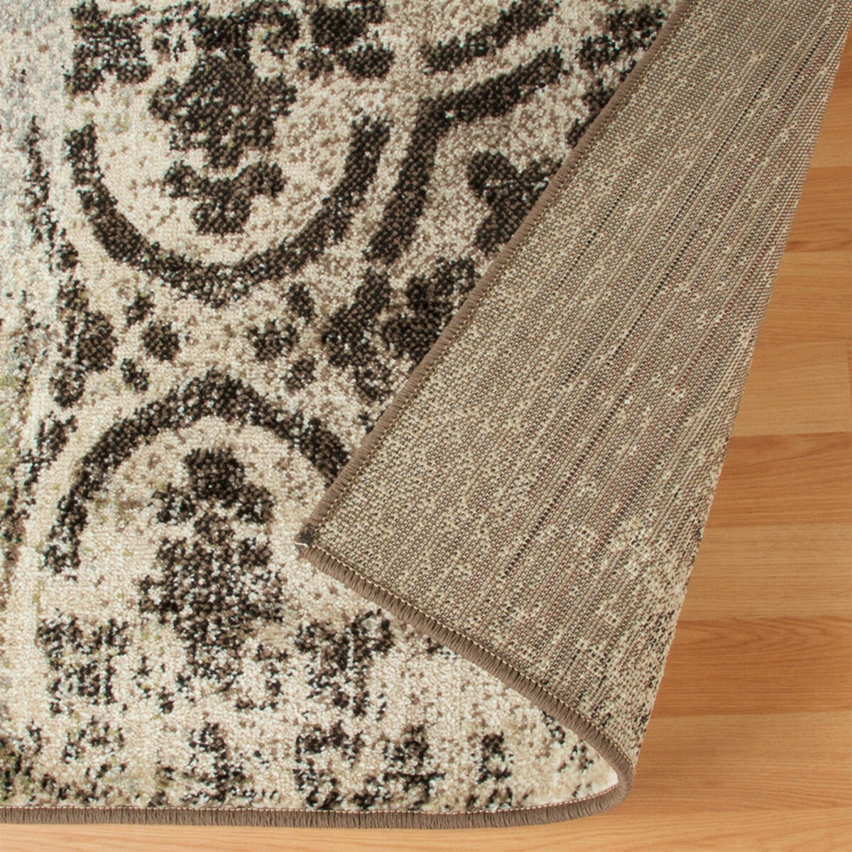8' Ivory Light Blue Damask Distressed Stain Resistant Runner Rug