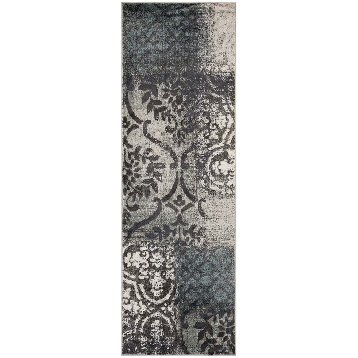 8' Teal And Gray Damask Distressed Stain Resistant Runner Rug