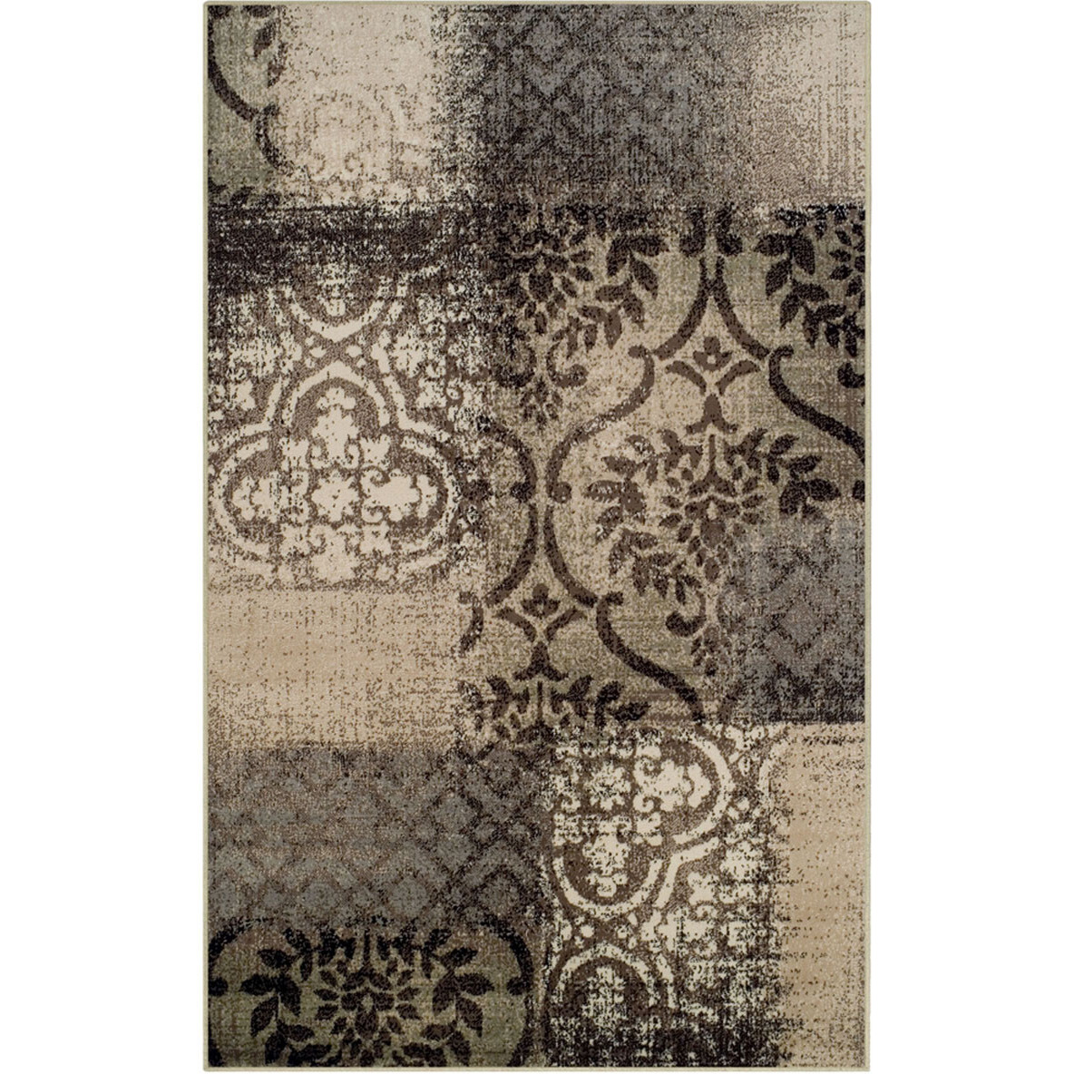 4' X 6' Tan And Brown Damask Distressed Stain Resistant Area Rug