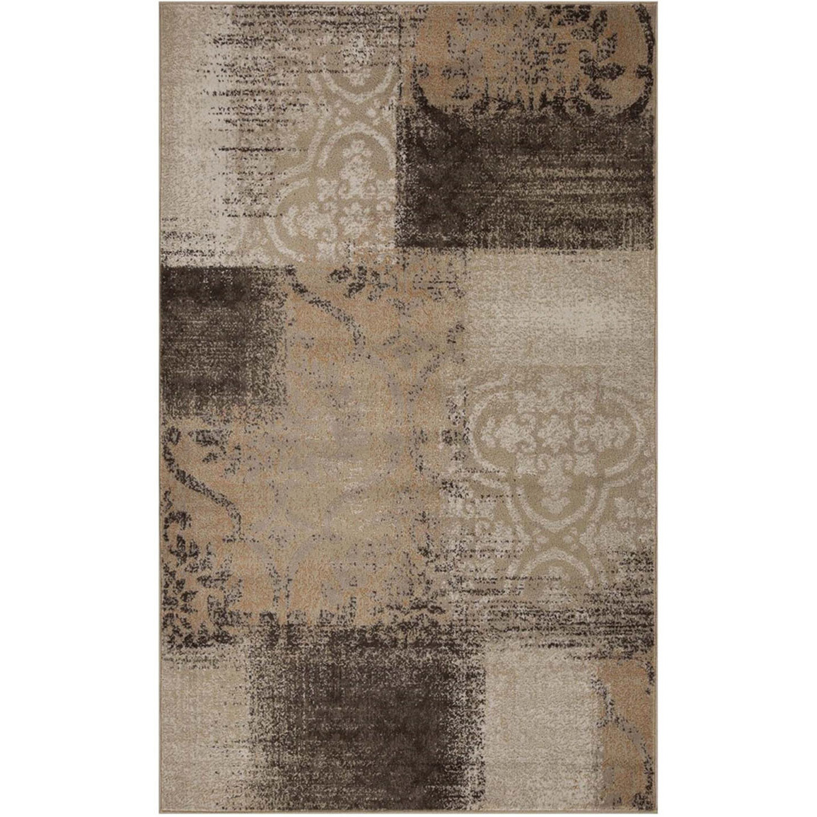 4' X 6' Beige Gray And Black Damask Distressed Stain Resistant Area Rug