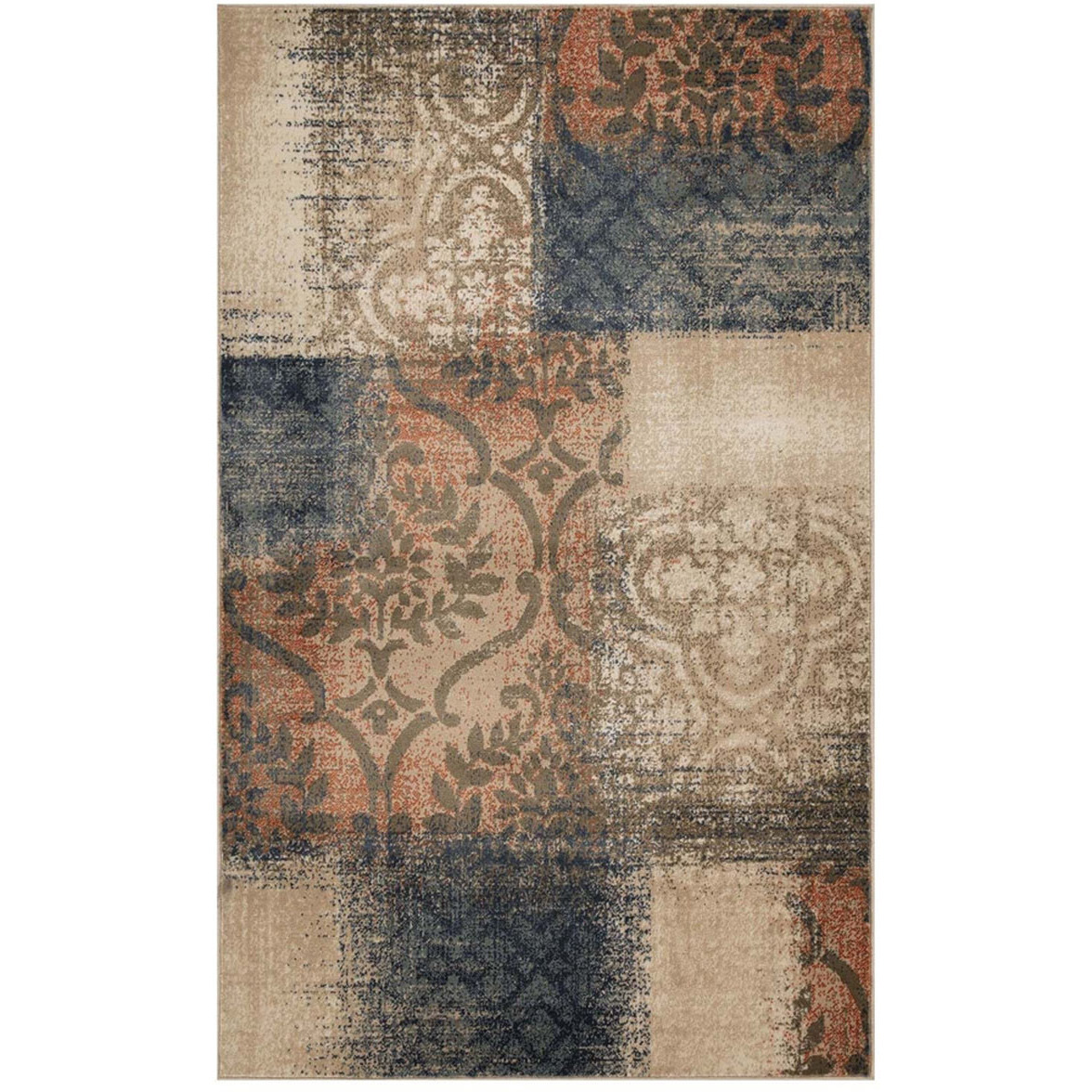 4' X 6' Navy And Salmon Damask Distressed Stain Resistant Area Rug