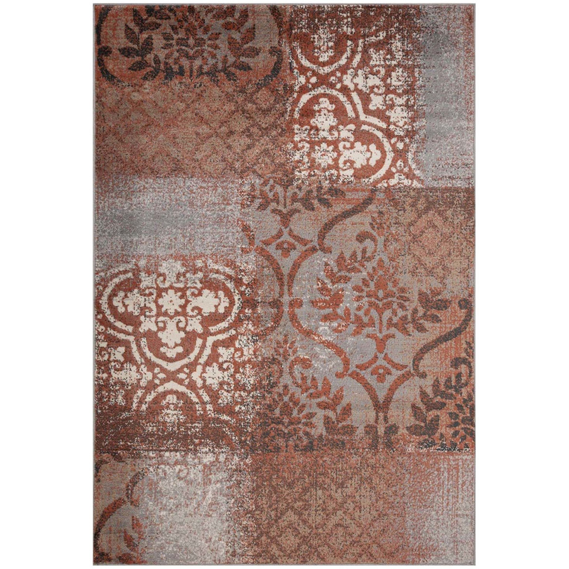 5' X 8' Rust And Gray Damask Distressed Stain Resistant Area Rug