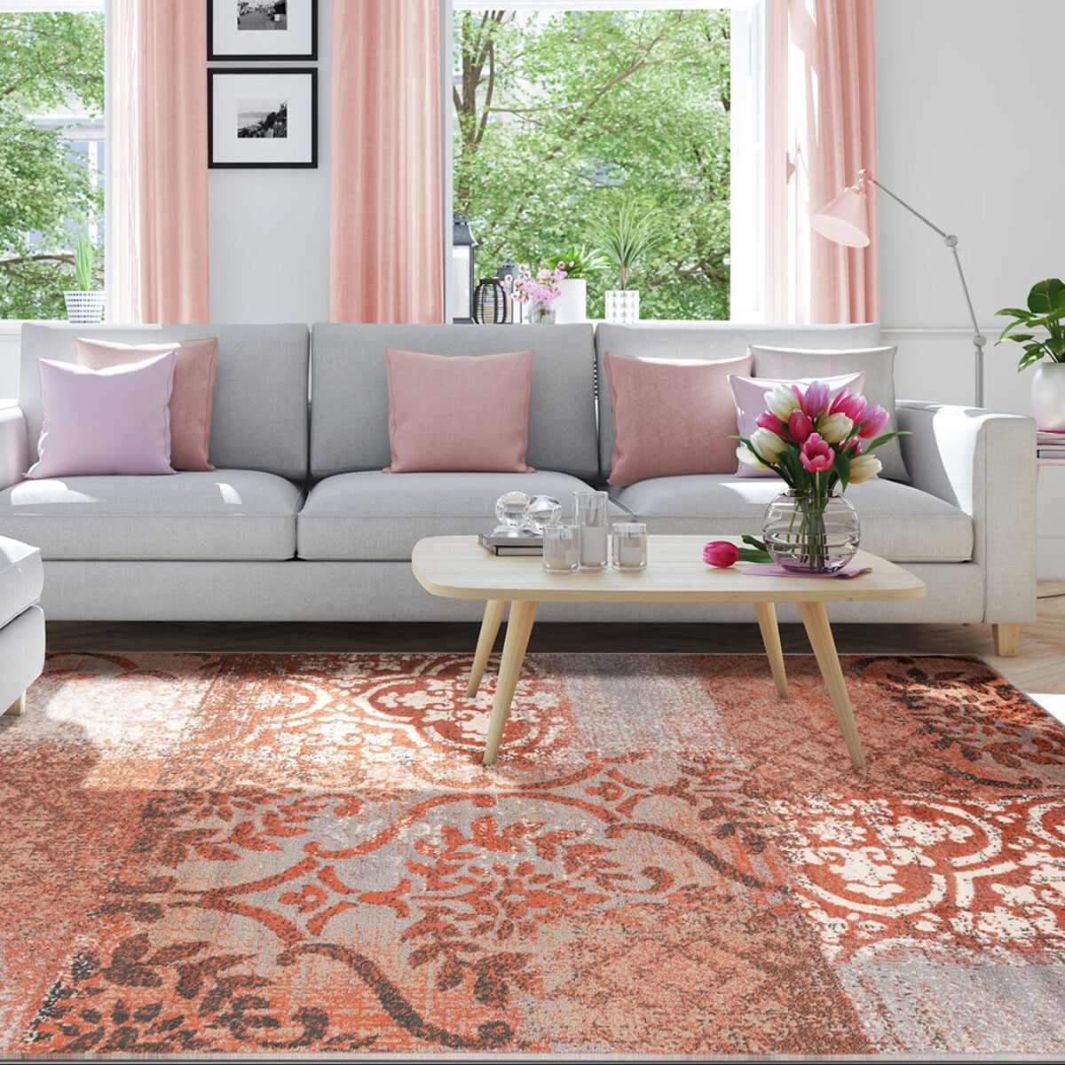 5' X 8' Rust And Gray Damask Distressed Stain Resistant Area Rug