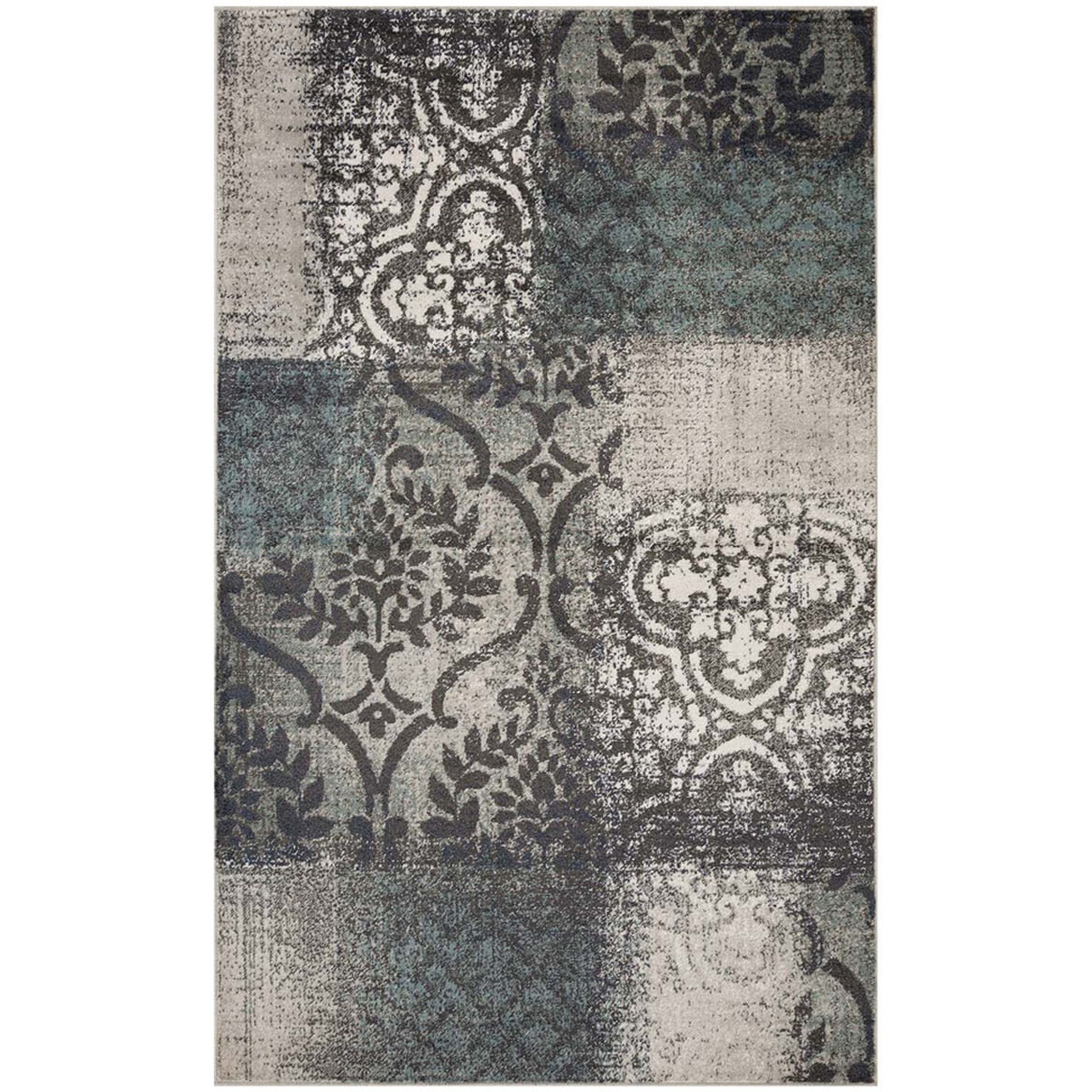 5' X 8' Teal And Gray Damask Distressed Stain Resistant Area Rug