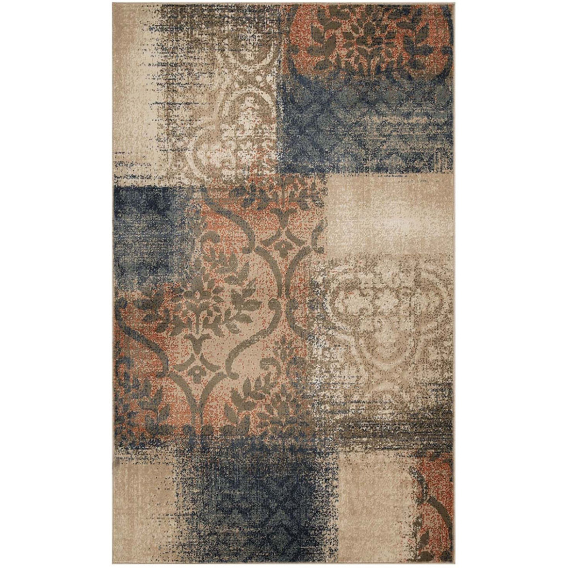 7' X 9' Navy And Salmon Damask Distressed Stain Resistant Area Rug