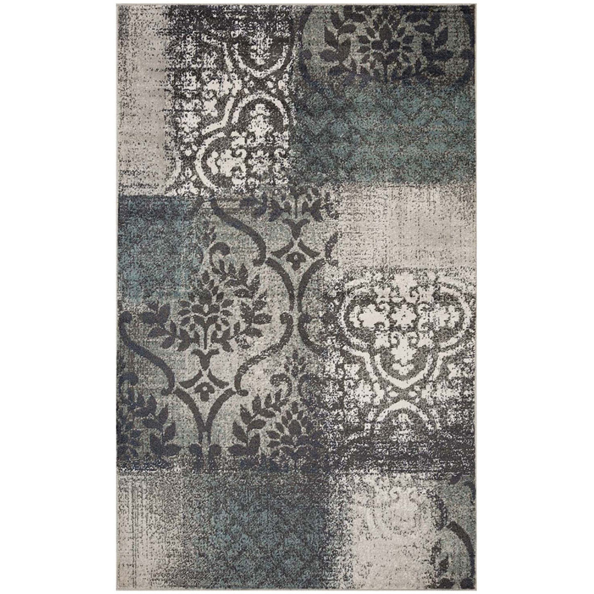 7' X 9' Teal And Gray Damask Distressed Stain Resistant Area Rug