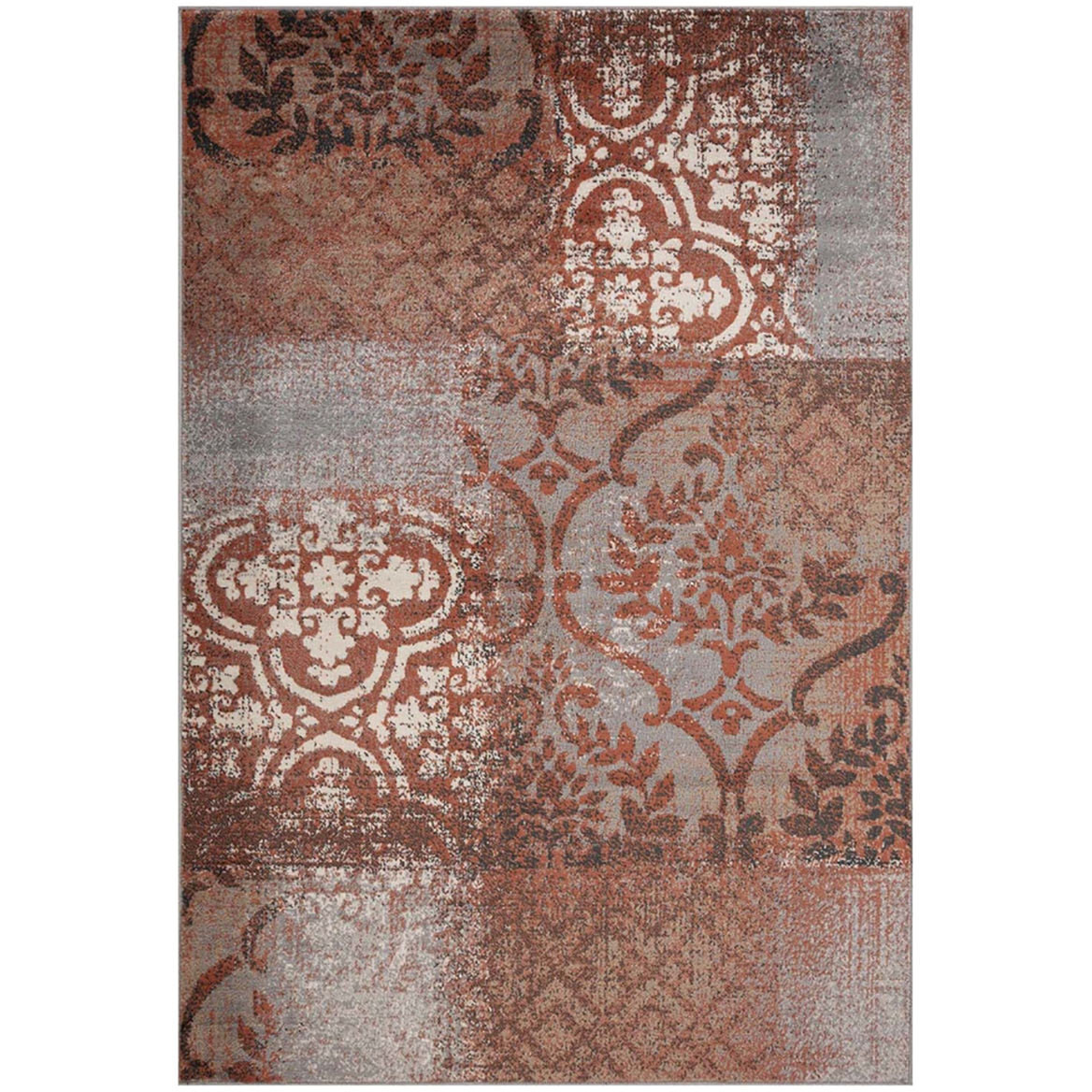 8' X 10' Rust And Gray Damask Distressed Stain Resistant Area Rug