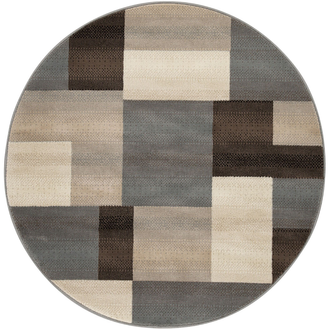 5' Round Grey-Brown Round Patchwork Power Loom Stain Resistant Area Rug