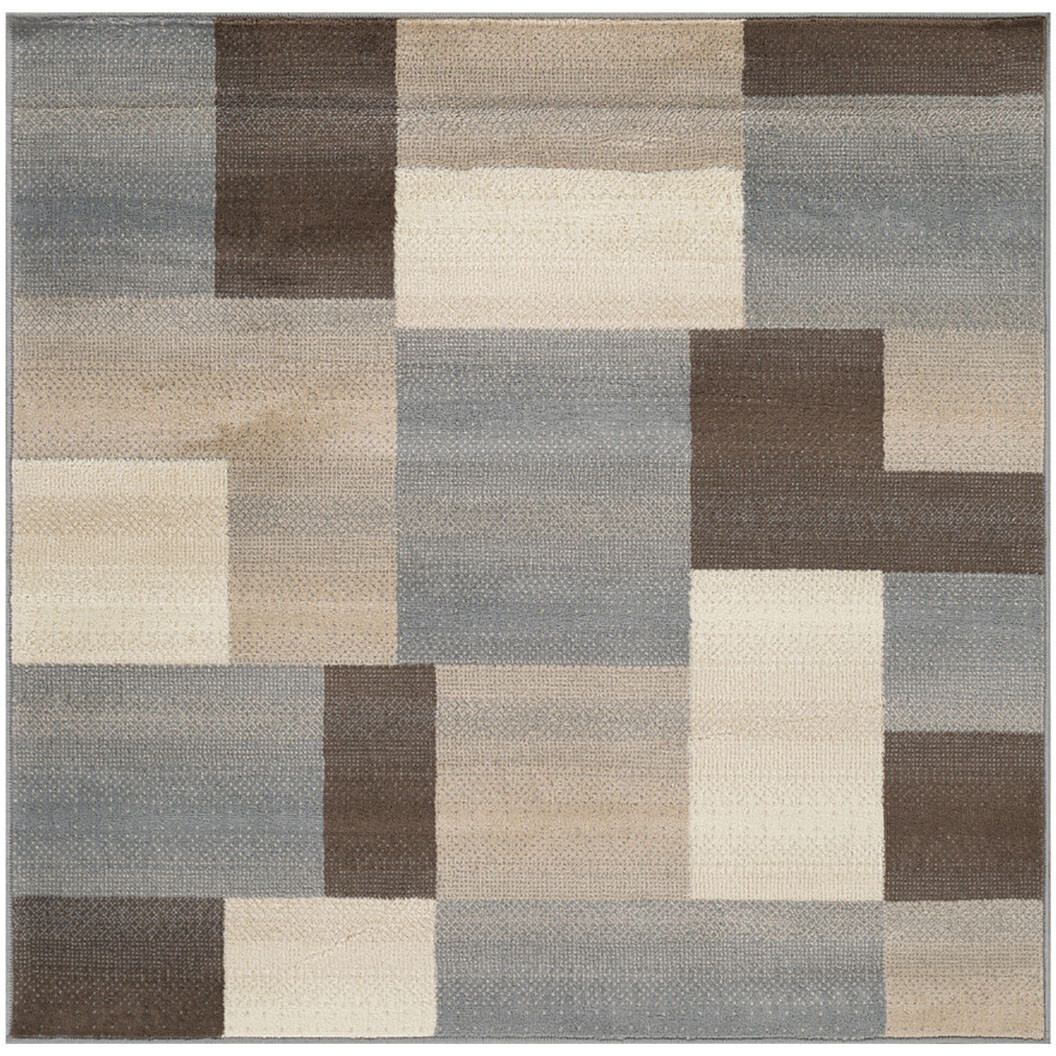 8' Square Grey Square Patchwork Power Loom Stain Resistant Area Rug